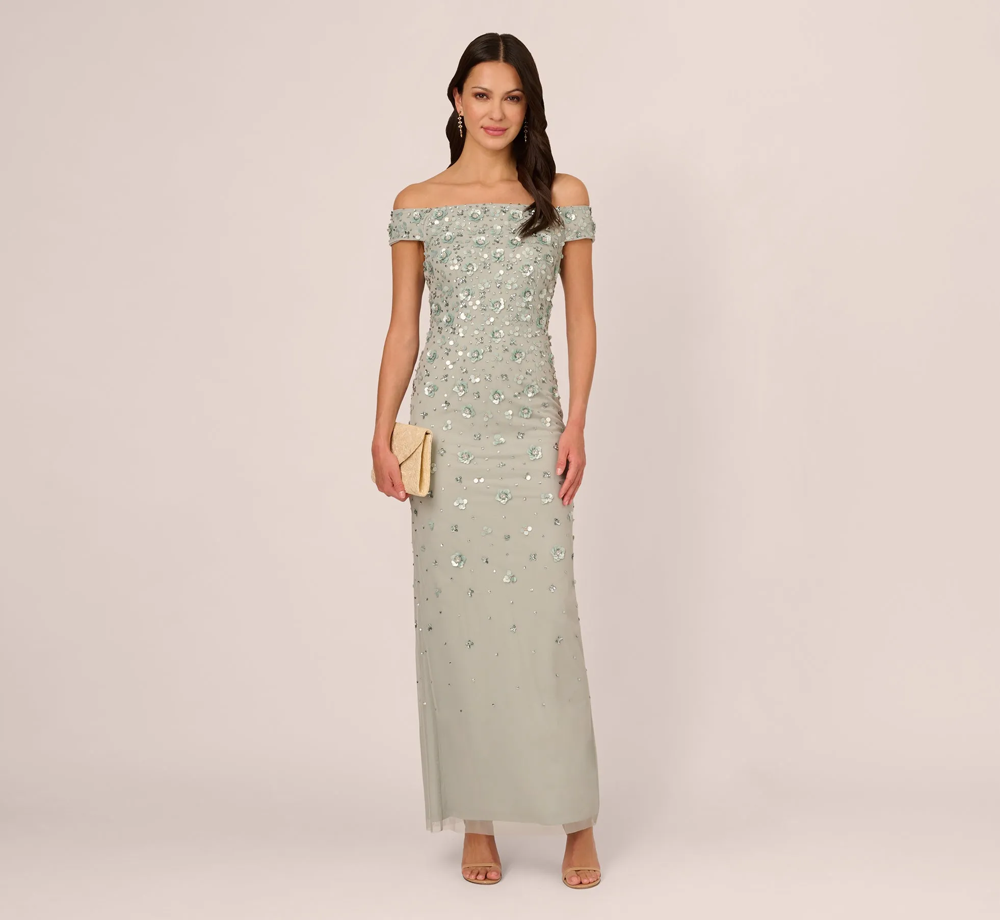 Off Shoulder Dress With Floral Embellishment In Frosted Sage sold by Adrianna Papell product image thumbnail 2
