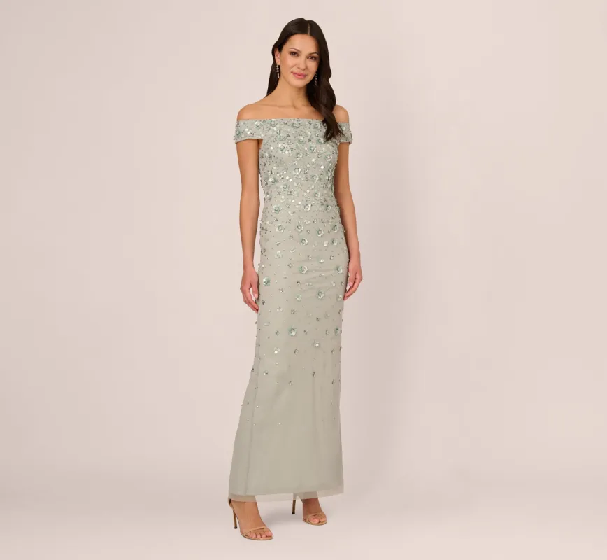 Off Shoulder Dress With Floral Embellishment In Frosted Sage sold by Adrianna Papell