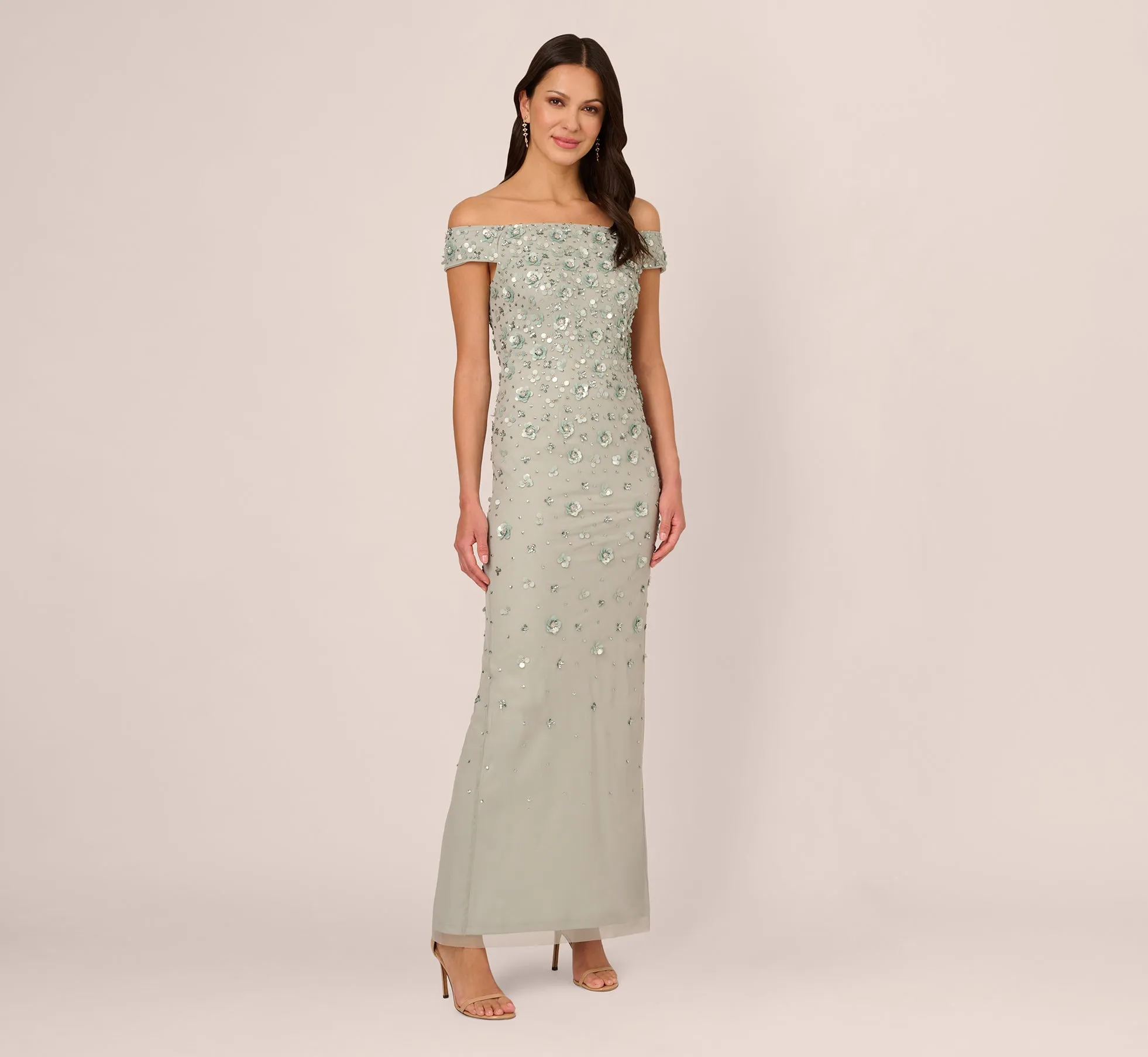 Off Shoulder Dress With Floral Embellishment In Frosted Sage sold by Adrianna Papell