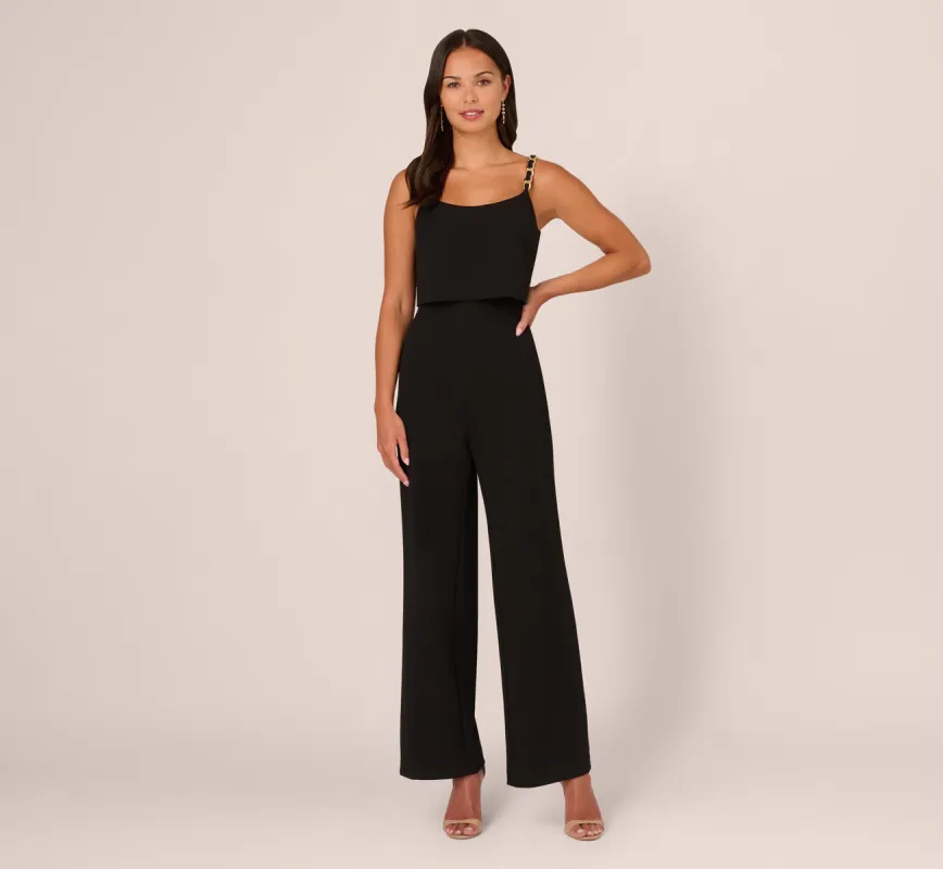Crepe Popover Jumpsuit With Chain Straps In Black sold by Adrianna Papell