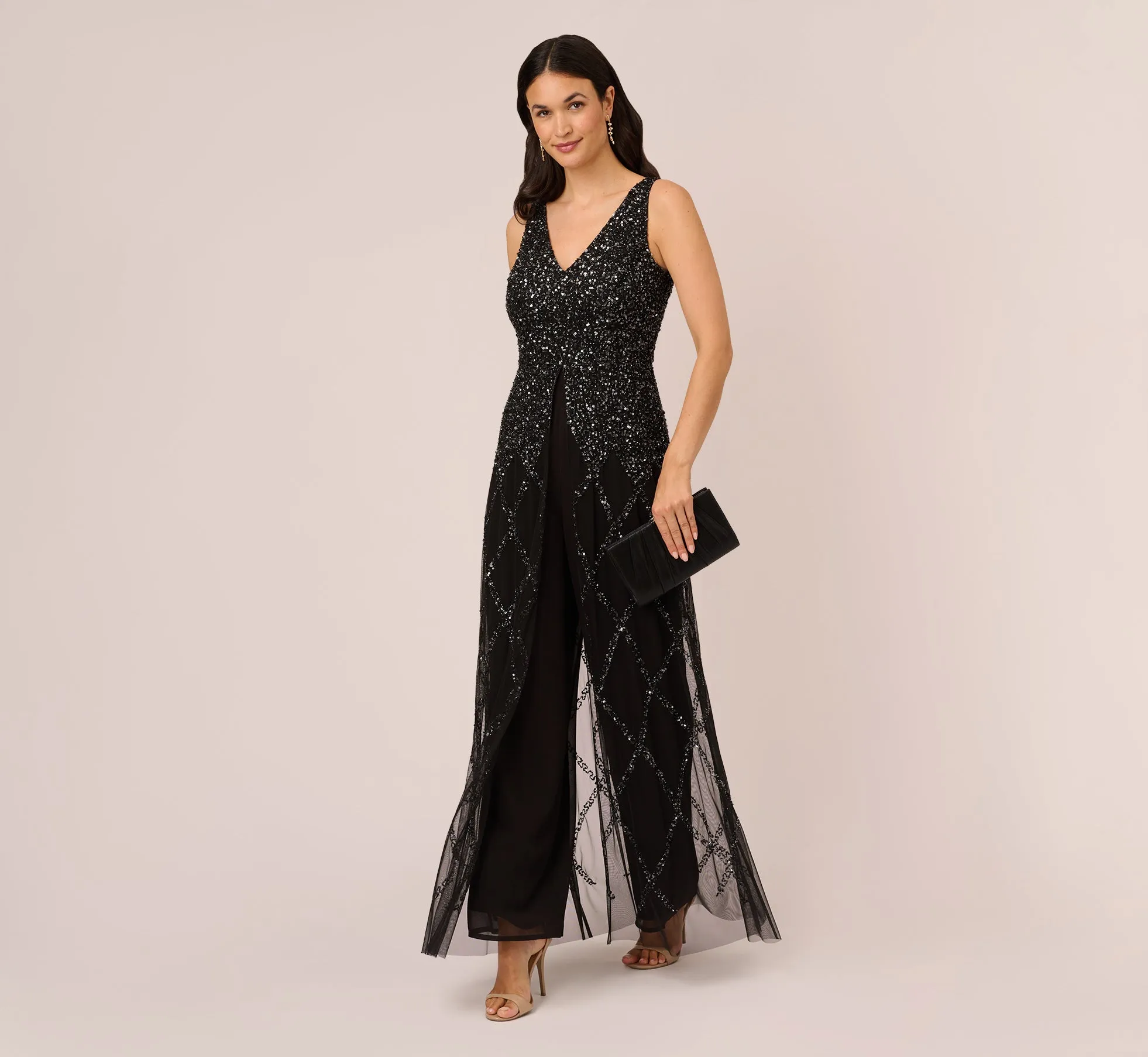 Beaded Wide Leg Jumpsuit With Georgette Overlay In Black sold by Adrianna Papell product image thumbnail 2