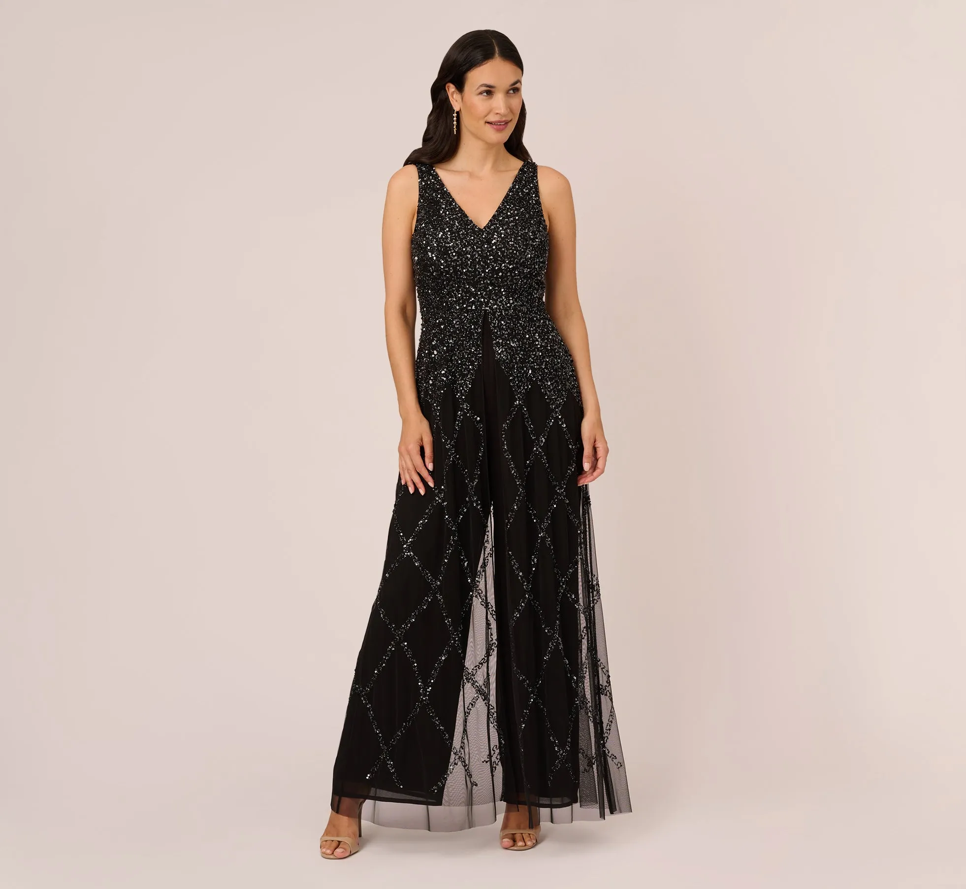Beaded Wide Leg Jumpsuit With Georgette Overlay In Black sold by Adrianna Papell