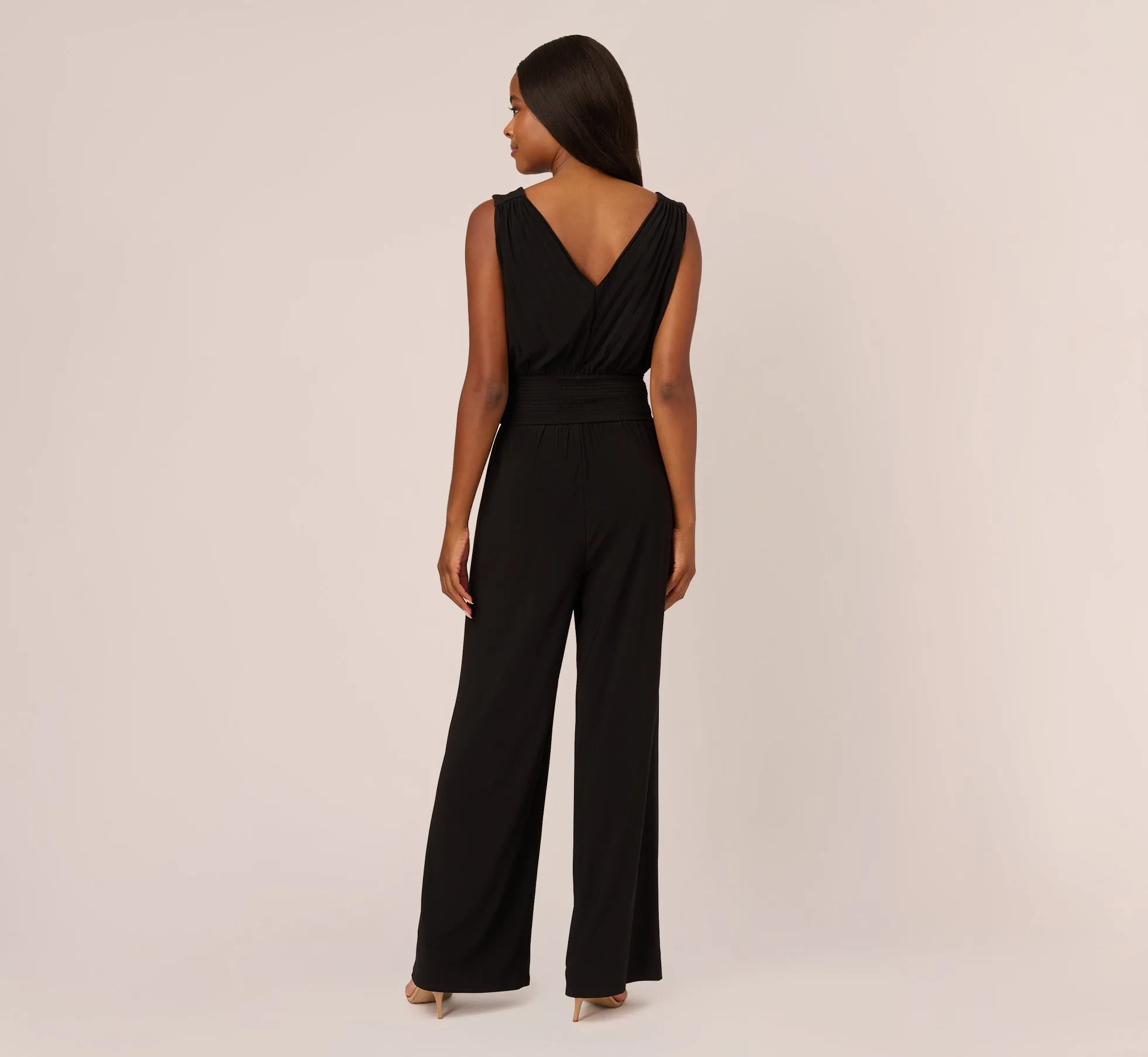 Sleeveless Smocked Jumpsuit With V-Neckline In Black sold by Adrianna Papell product image thumbnail 4