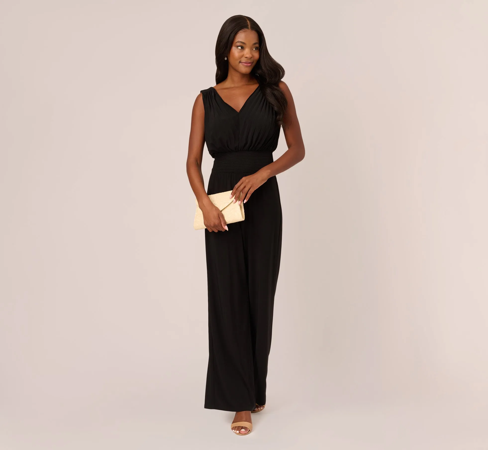 Sleeveless Smocked Jumpsuit With V-Neckline In Black sold by Adrianna Papell product image thumbnail 2