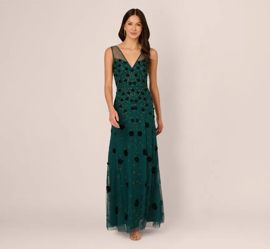 Velvet Floral Beaded Gown With Sheer Tank Straps In Gem Green sold by Adrianna Papell