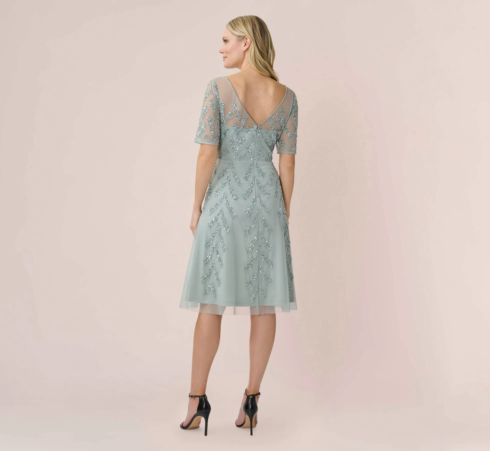 Hand-Beaded Illusion Midi-Length Fit-And-Flare Cocktail Dress In Frosted Sage sold by Adrianna Papell product image thumbnail 4
