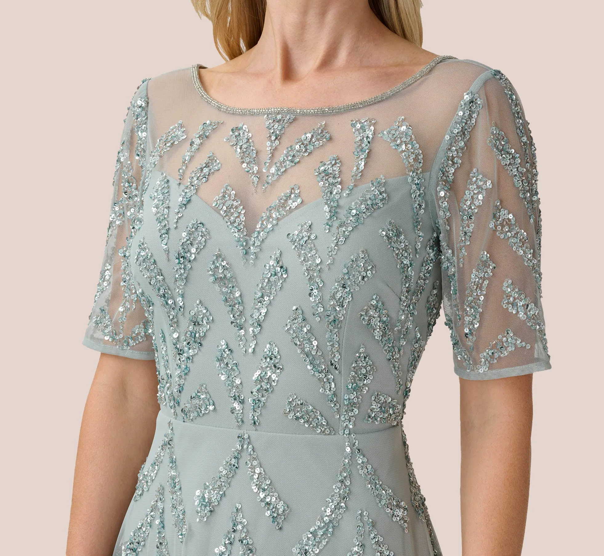 Hand-Beaded Illusion Midi-Length Fit-And-Flare Cocktail Dress In Frosted Sage sold by Adrianna Papell product image thumbnail 3
