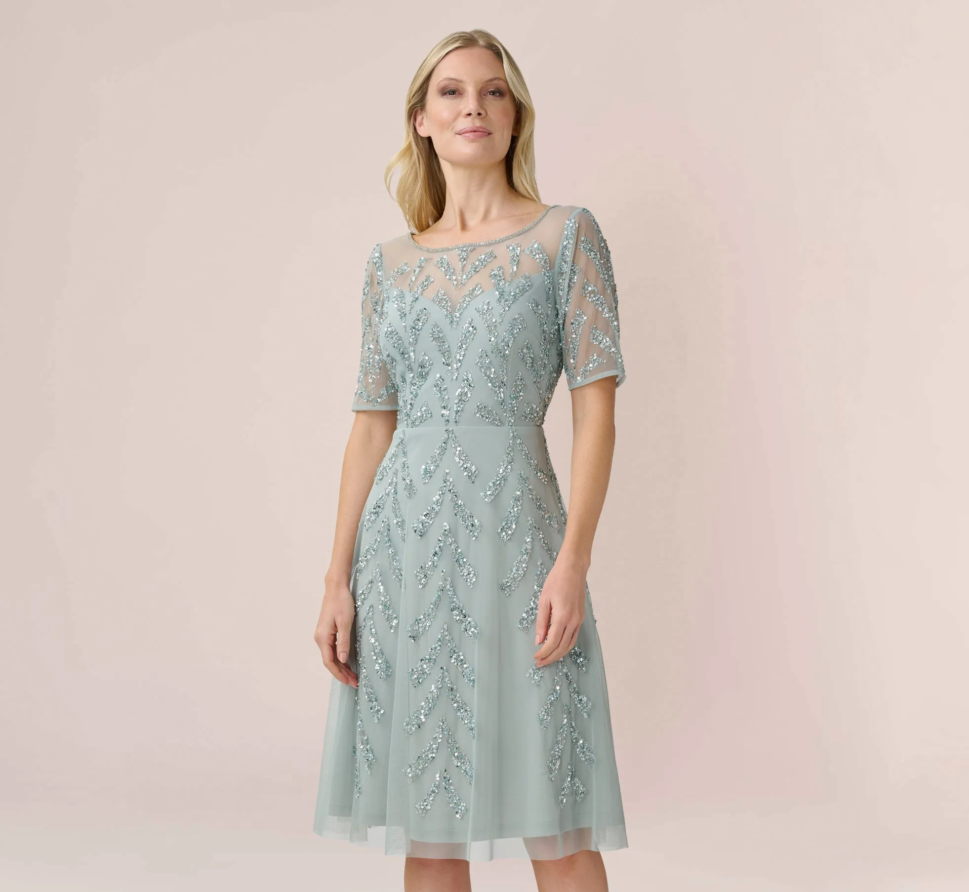 Hand-Beaded Illusion Midi-Length Fit-And-Flare Cocktail Dress In Frosted Sage sold by Adrianna Papell