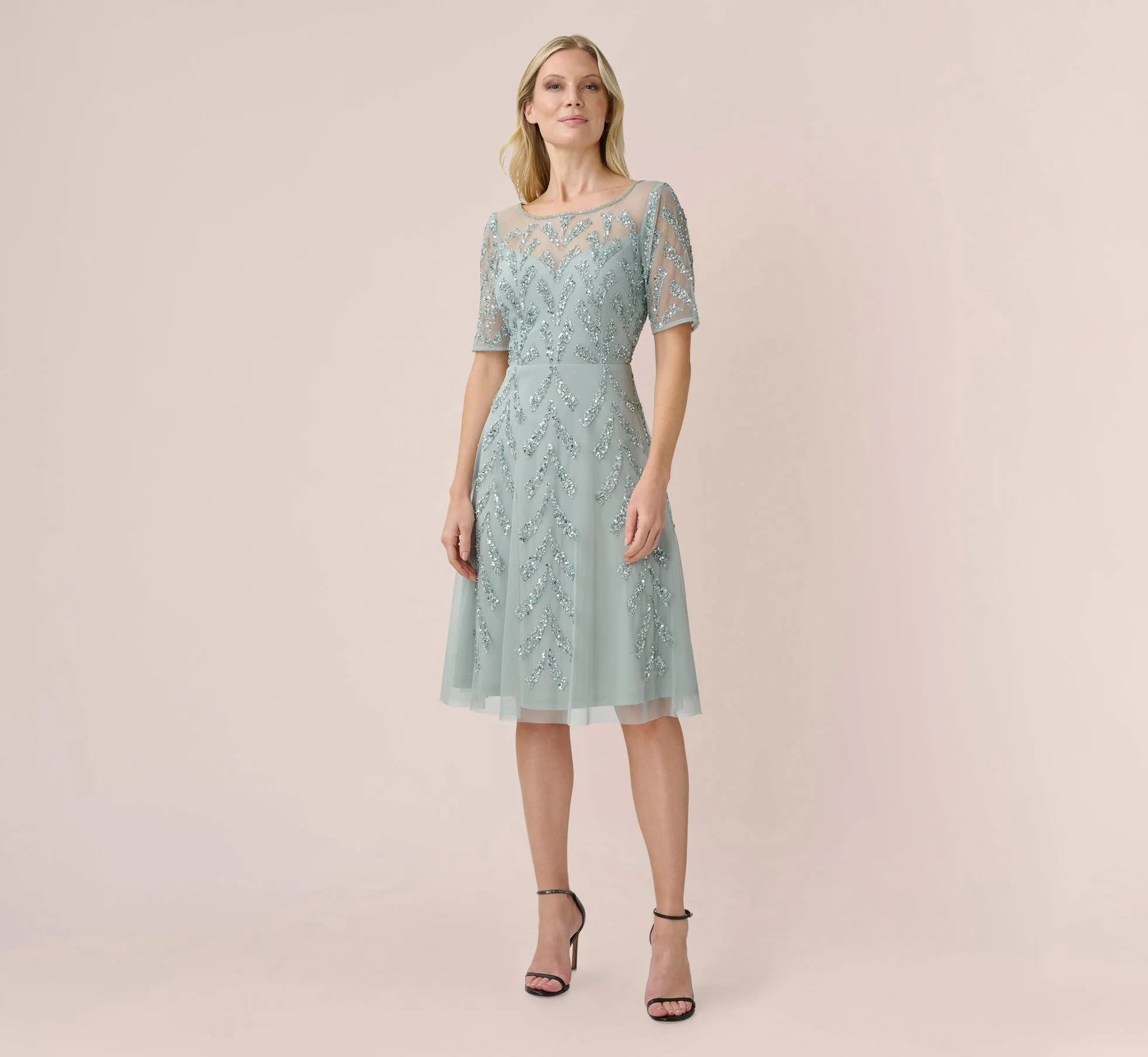 Hand-Beaded Illusion Midi-Length Fit-And-Flare Cocktail Dress In Frosted Sage sold by Adrianna Papell product image thumbnail 2