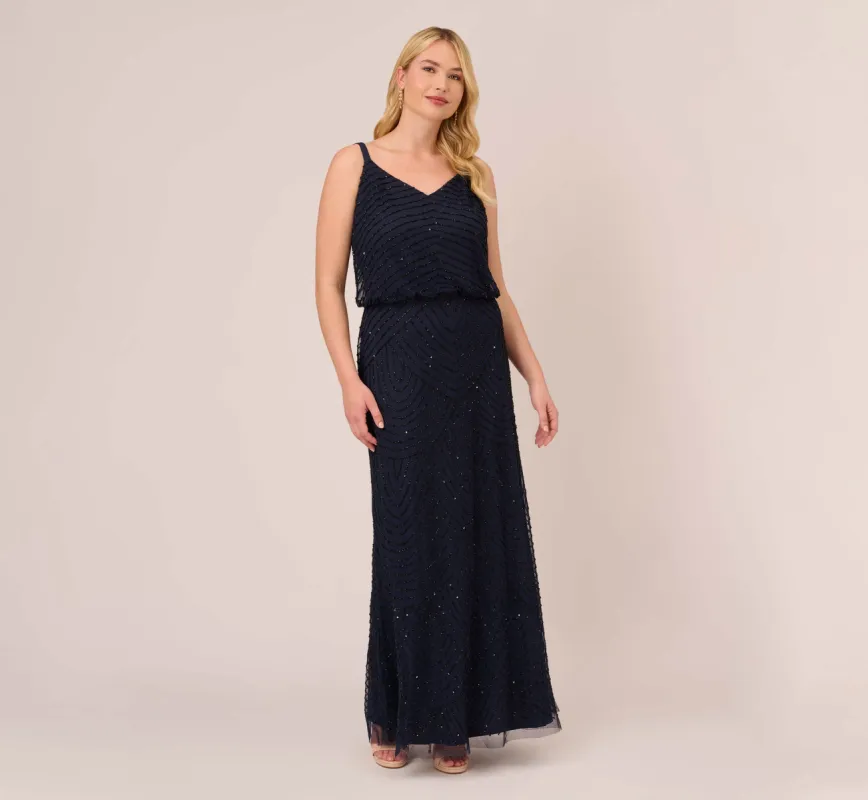 Plus Size Art Deco Beaded Blouson Gown In Navy Black sold by Adrianna Papell