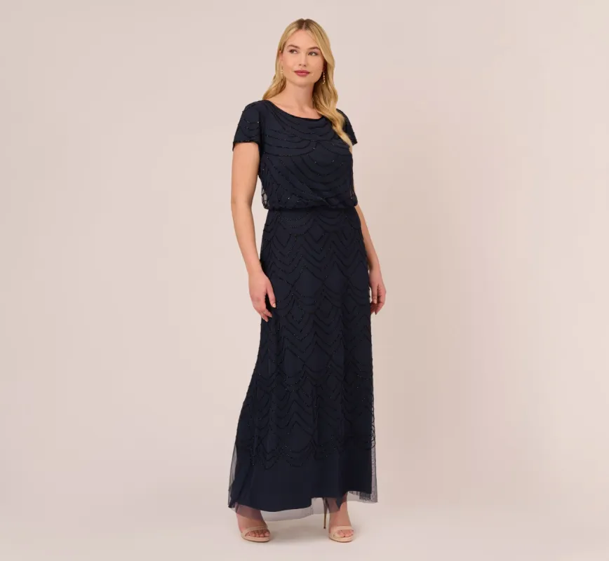 Plus Size Short Sleeve Beaded Blouson Gown In Navy Black sold by Adrianna Papell