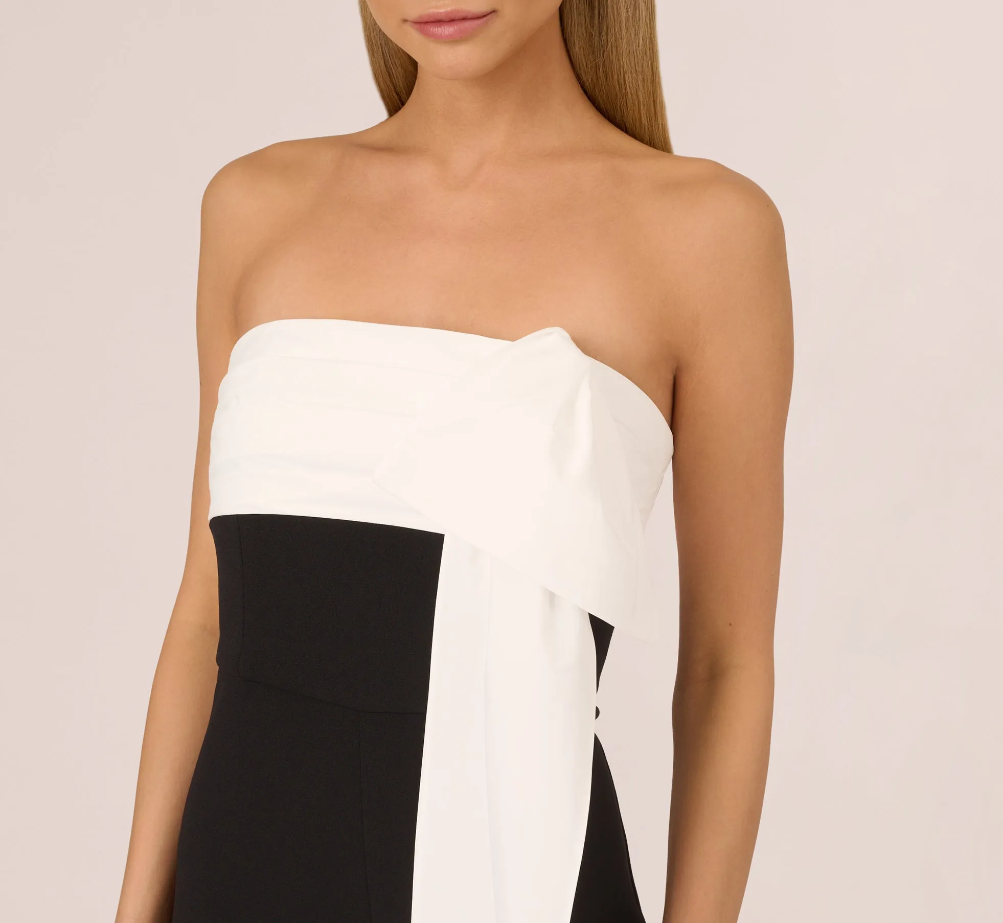 Colorblock Crepe Strapless Jumpsuit With Bow Accent In Black