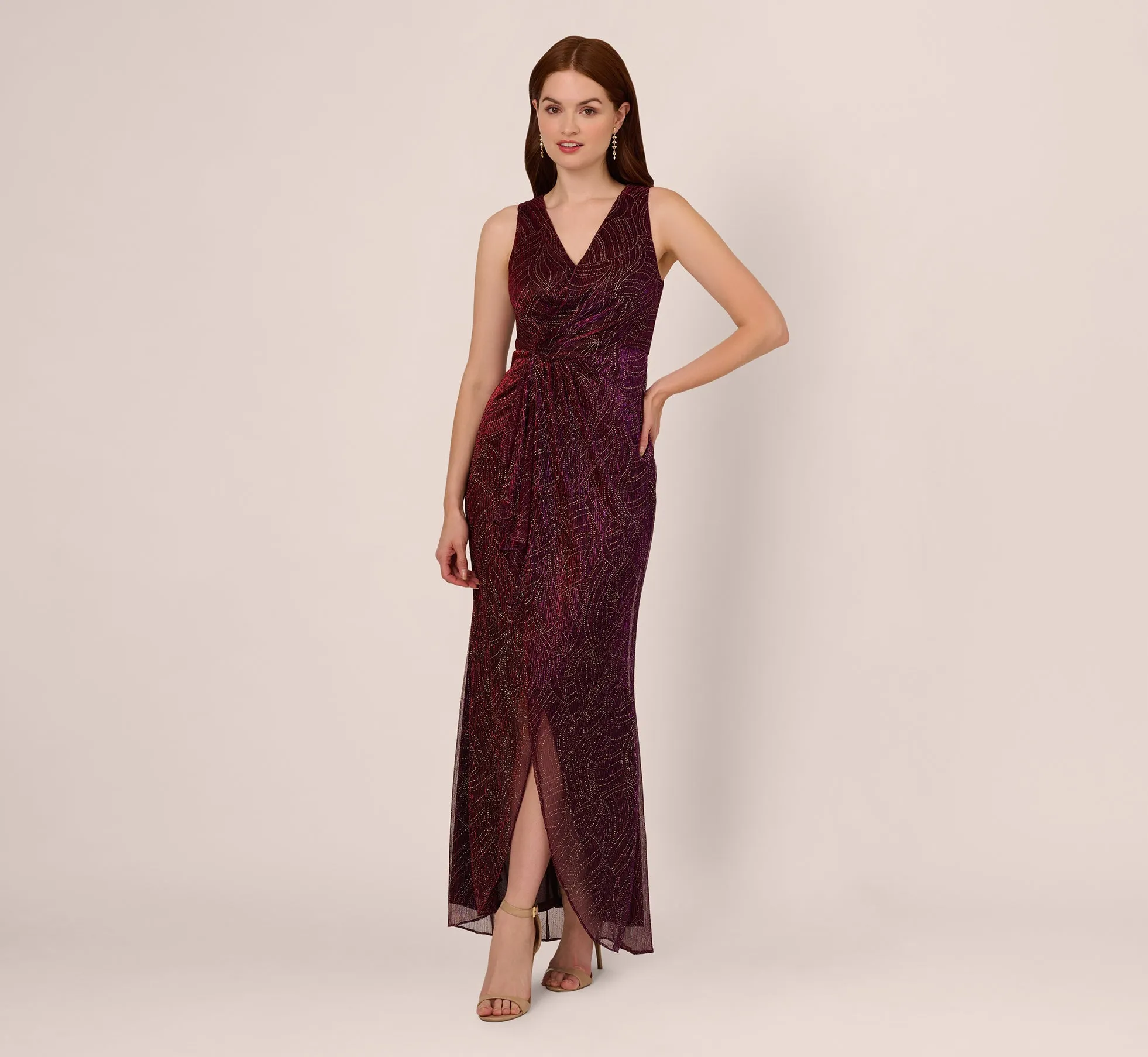 Metallic Mesh Faux Wrap Gown With Ruffle Accents In Burgundy Gold sold by Adrianna Papell