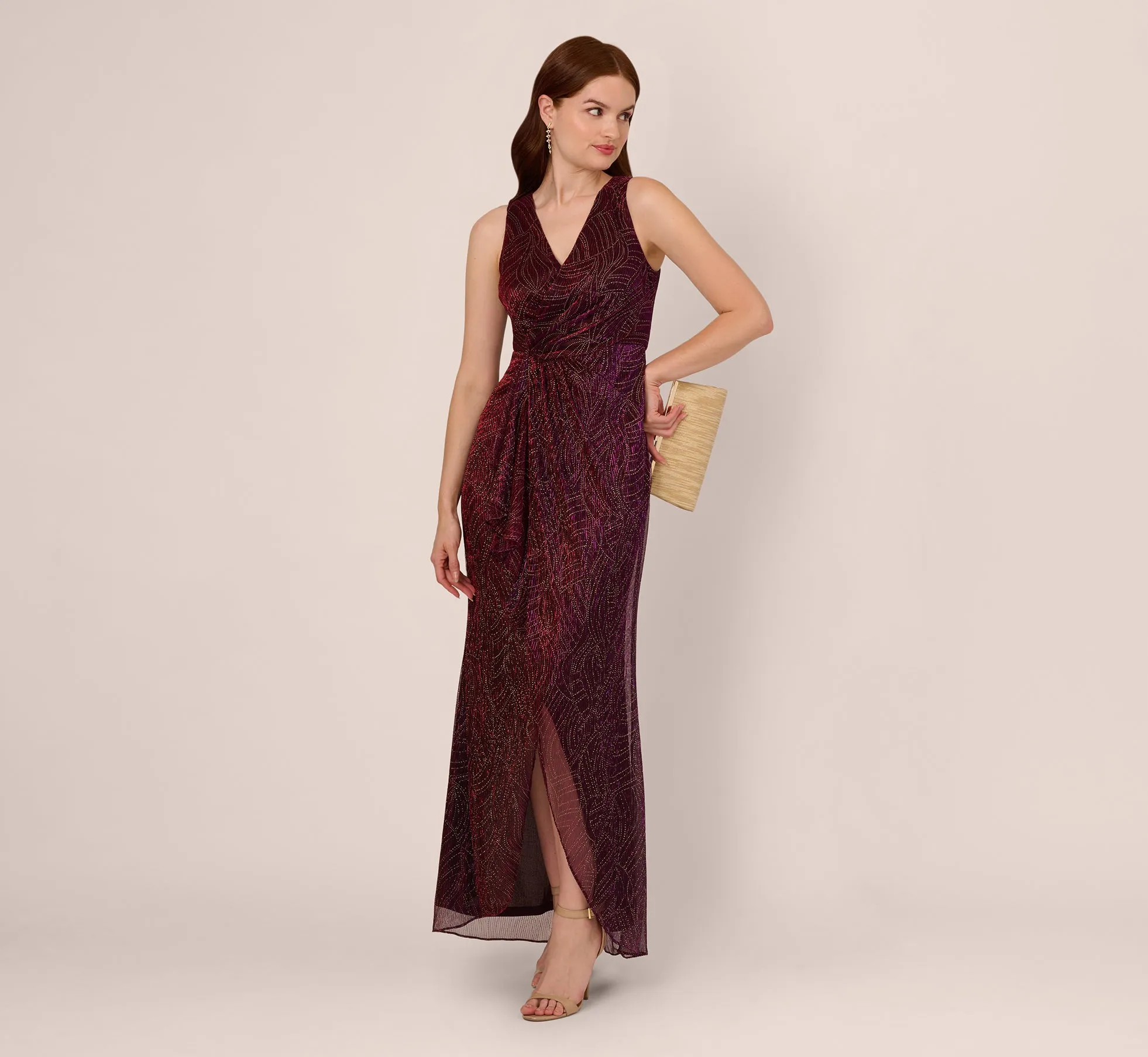 Metallic Mesh Faux Wrap Gown With Ruffle Accents In Burgundy Gold sold by Adrianna Papell product image thumbnail 2