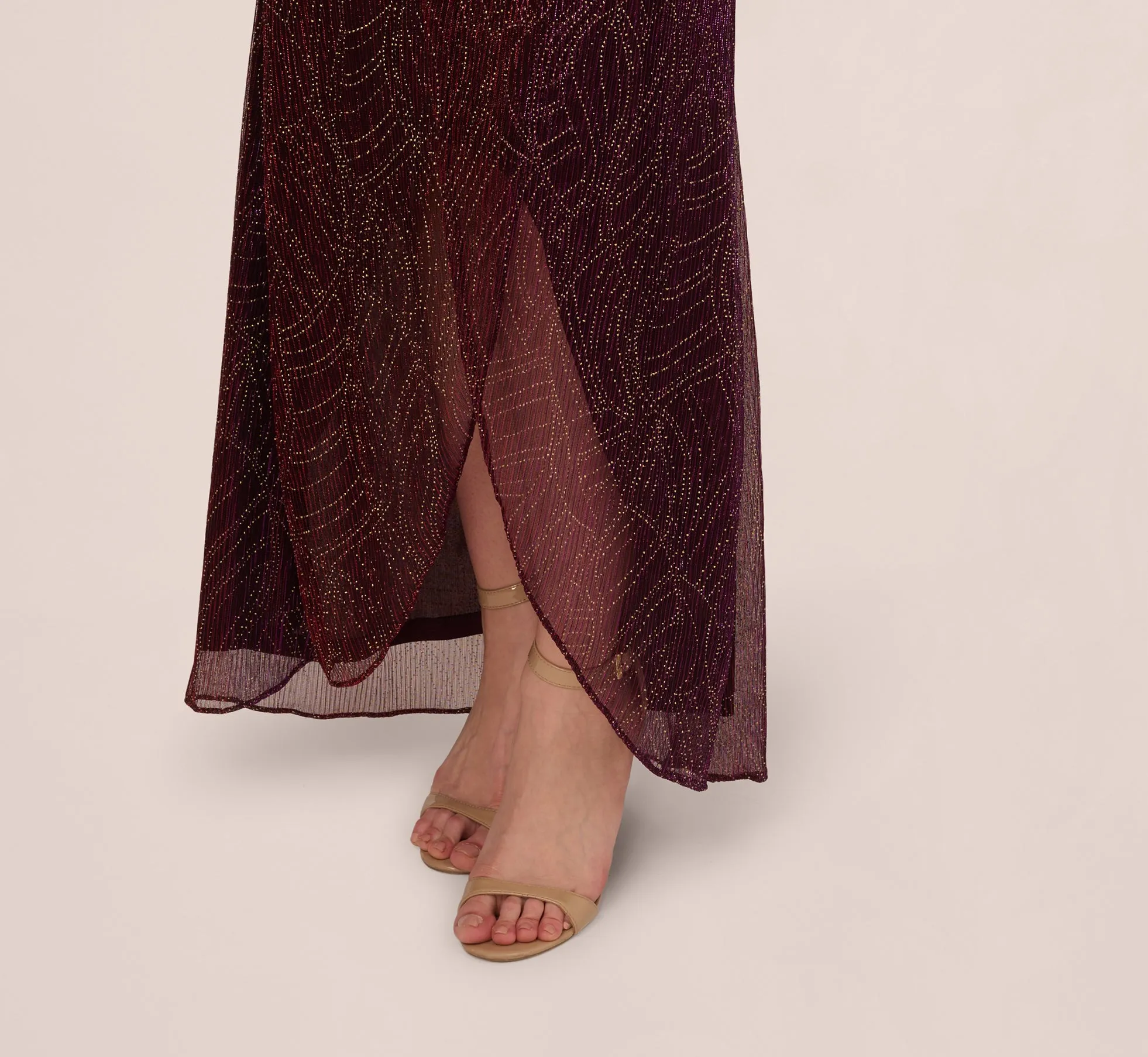 Metallic Mesh Faux Wrap Gown With Ruffle Accents In Burgundy Gold sold by Adrianna Papell product image thumbnail 5