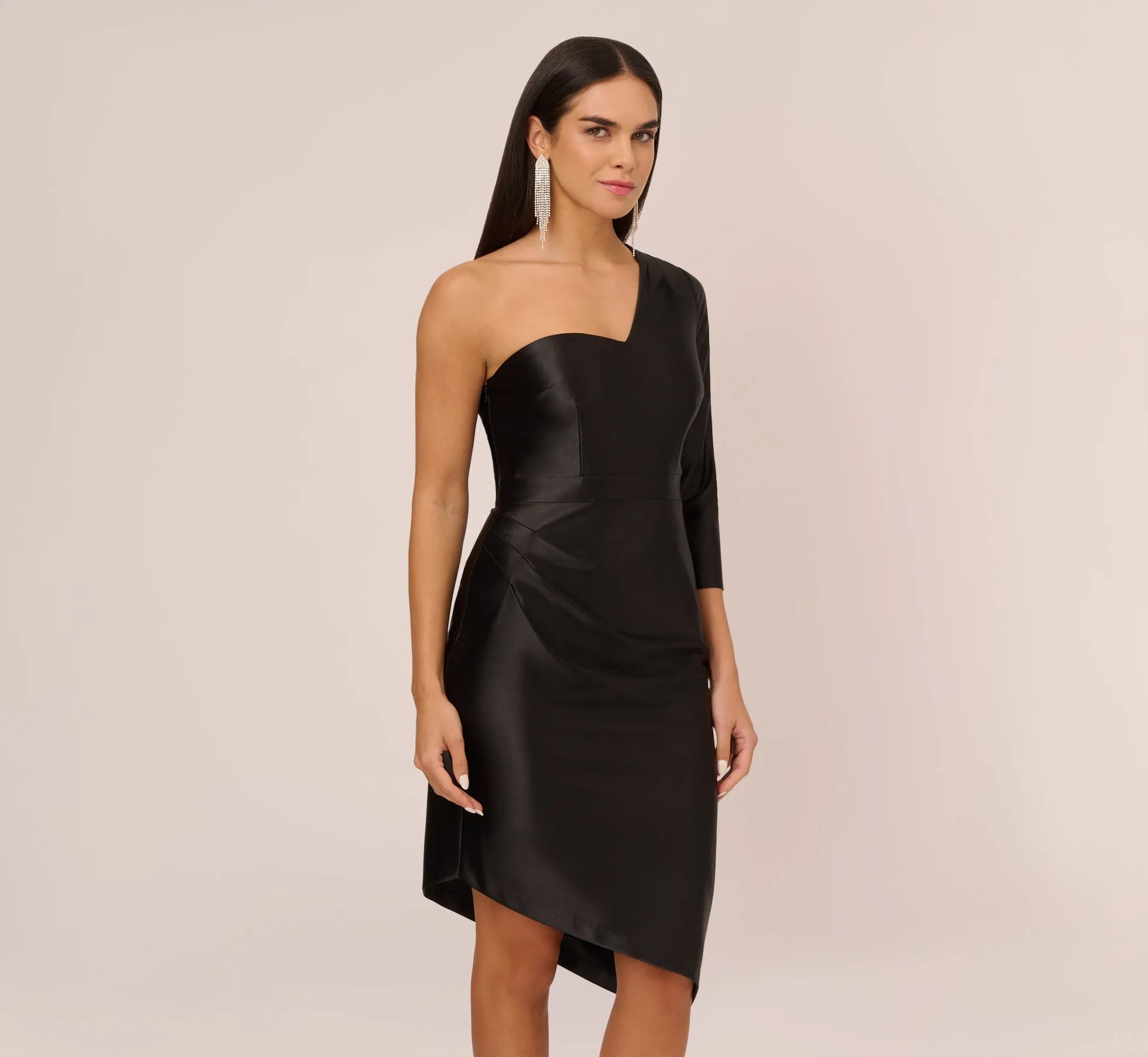 One Shoulder Satin Midi Dress With Three-Quarter Sleeve In Black sold by Adrianna Papell