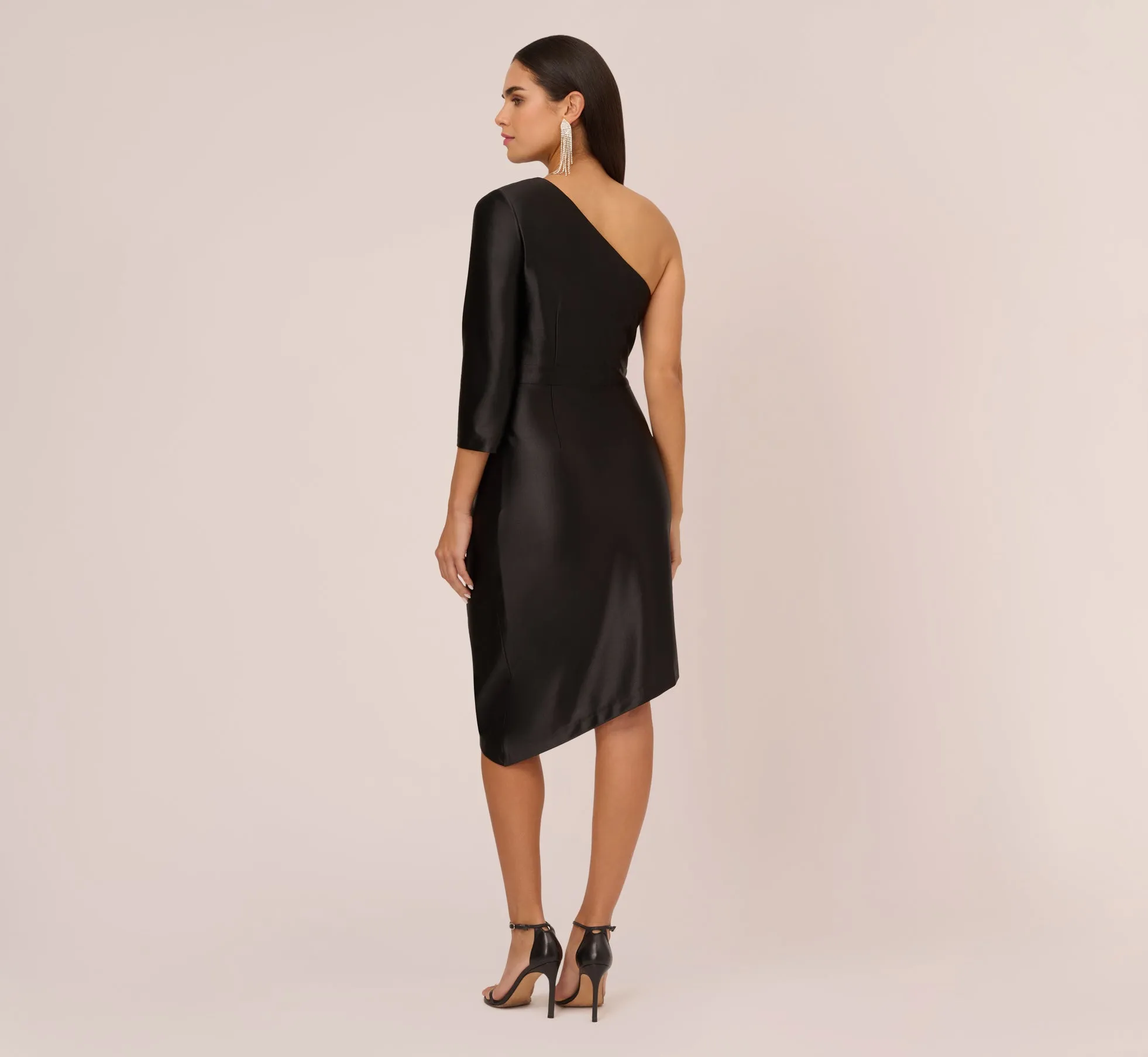 One Shoulder Satin Midi Dress With Three-Quarter Sleeve In Black sold by Adrianna Papell product image thumbnail 4