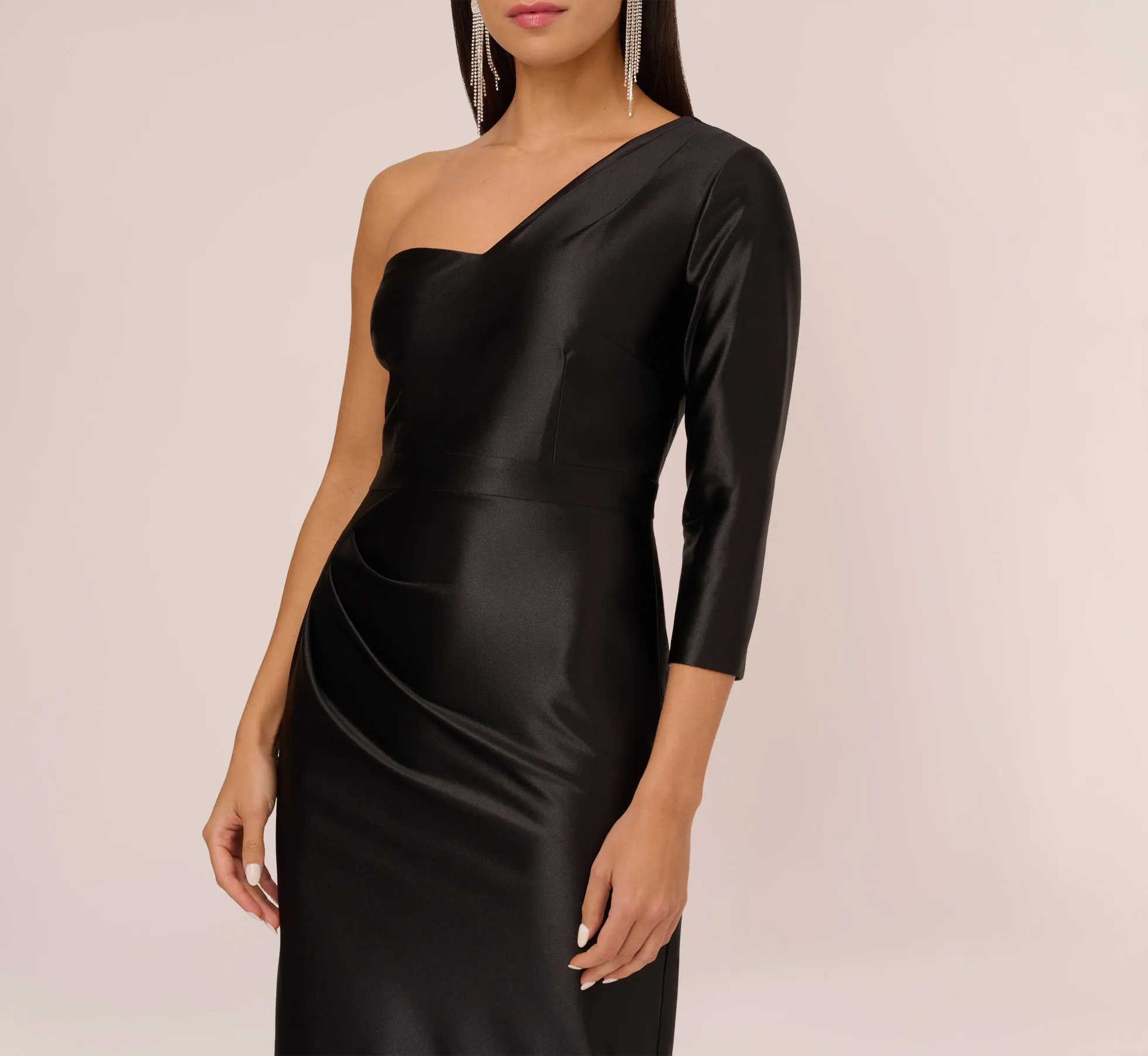 One Shoulder Satin Midi Dress With Three-Quarter Sleeve In Black sold by Adrianna Papell product image thumbnail 3