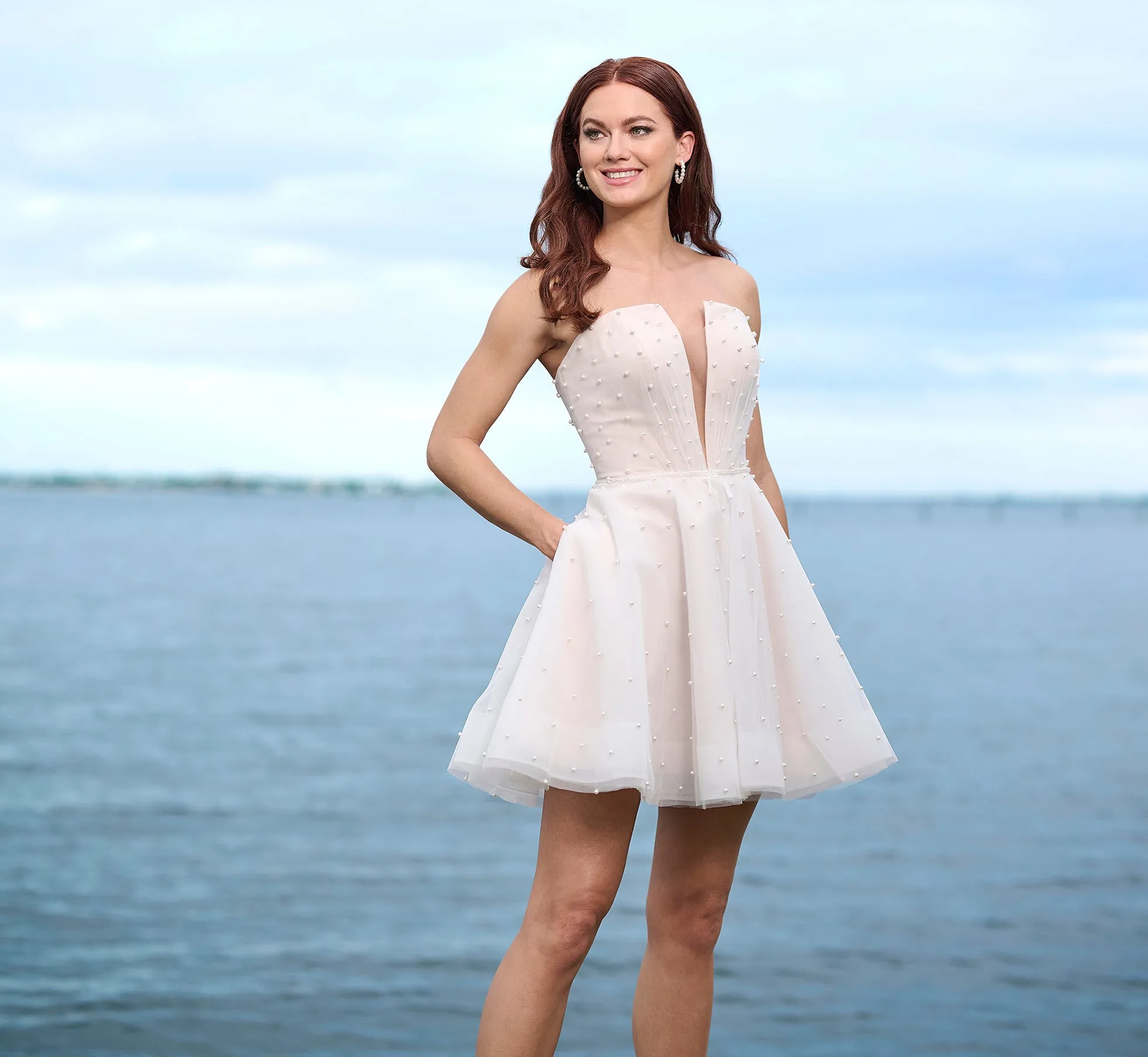 Pearl Studded Tulle Short Skirt With Detachable Off Shoulder Drapes In Ivory French Lilac sold by Adrianna Papell product image thumbnail 4