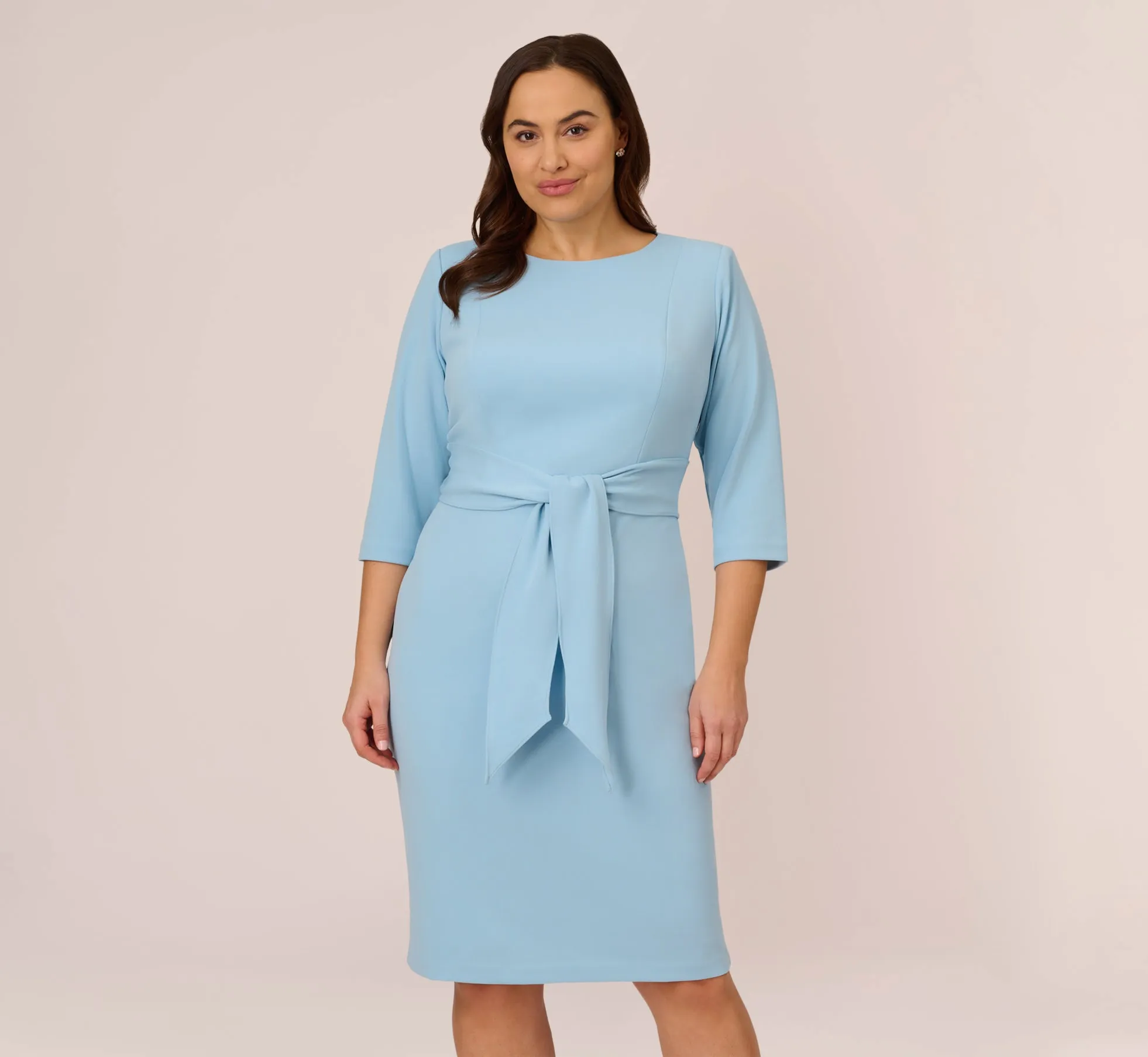 Plus Size Knit Crepe Bow Sheath Dress With Three Quarter Sleeves In Blue Mist sold by Adrianna Papell
