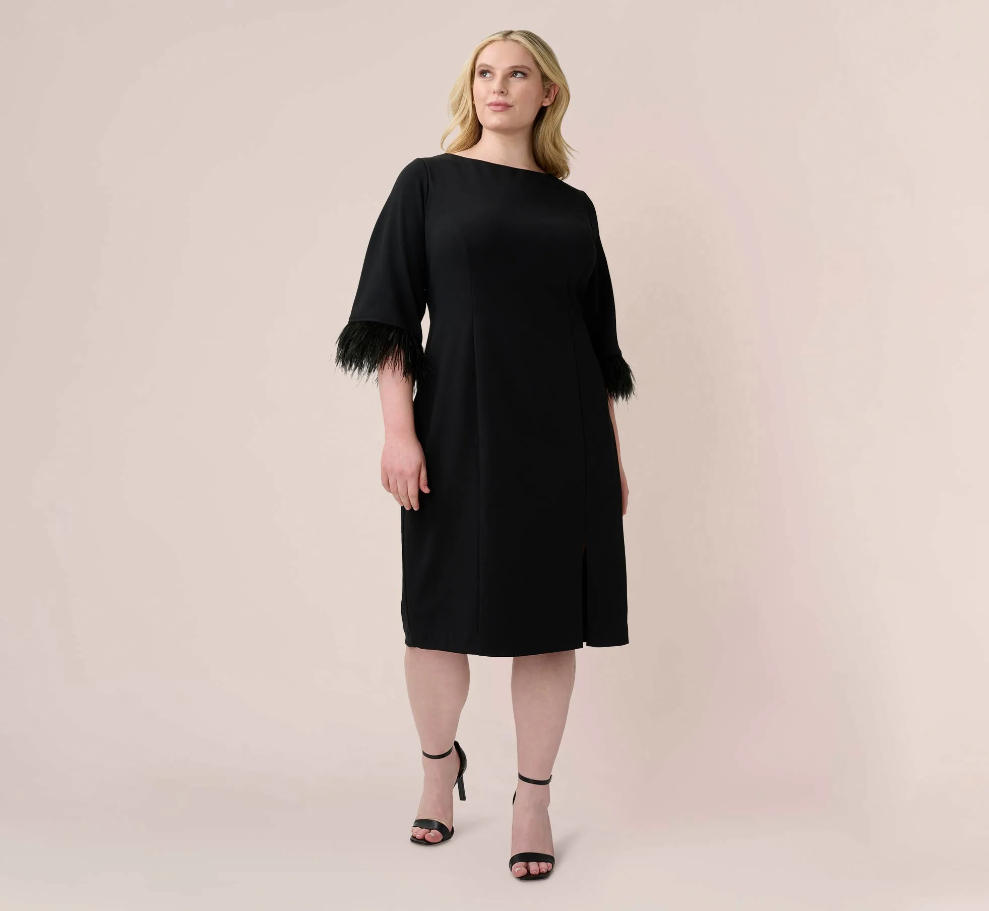 Plus Size Crepe Sheath Dress With V-Back And Feather-Trim Sleeves In Black sold by Adrianna Papell product image thumbnail 5