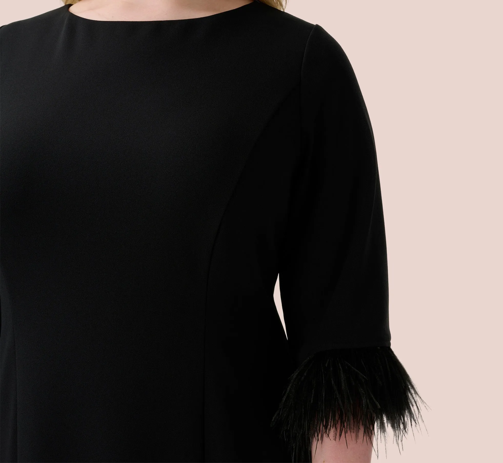 Plus Size Crepe Sheath Dress With V-Back And Feather-Trim Sleeves In Black sold by Adrianna Papell product image thumbnail 3