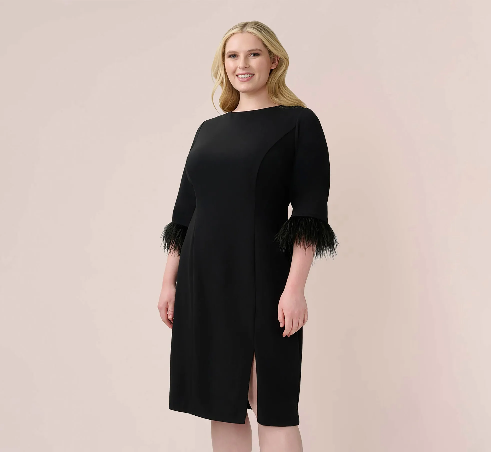 Plus Size Crepe Sheath Dress With V-Back And Feather-Trim Sleeves In Black sold by Adrianna Papell
