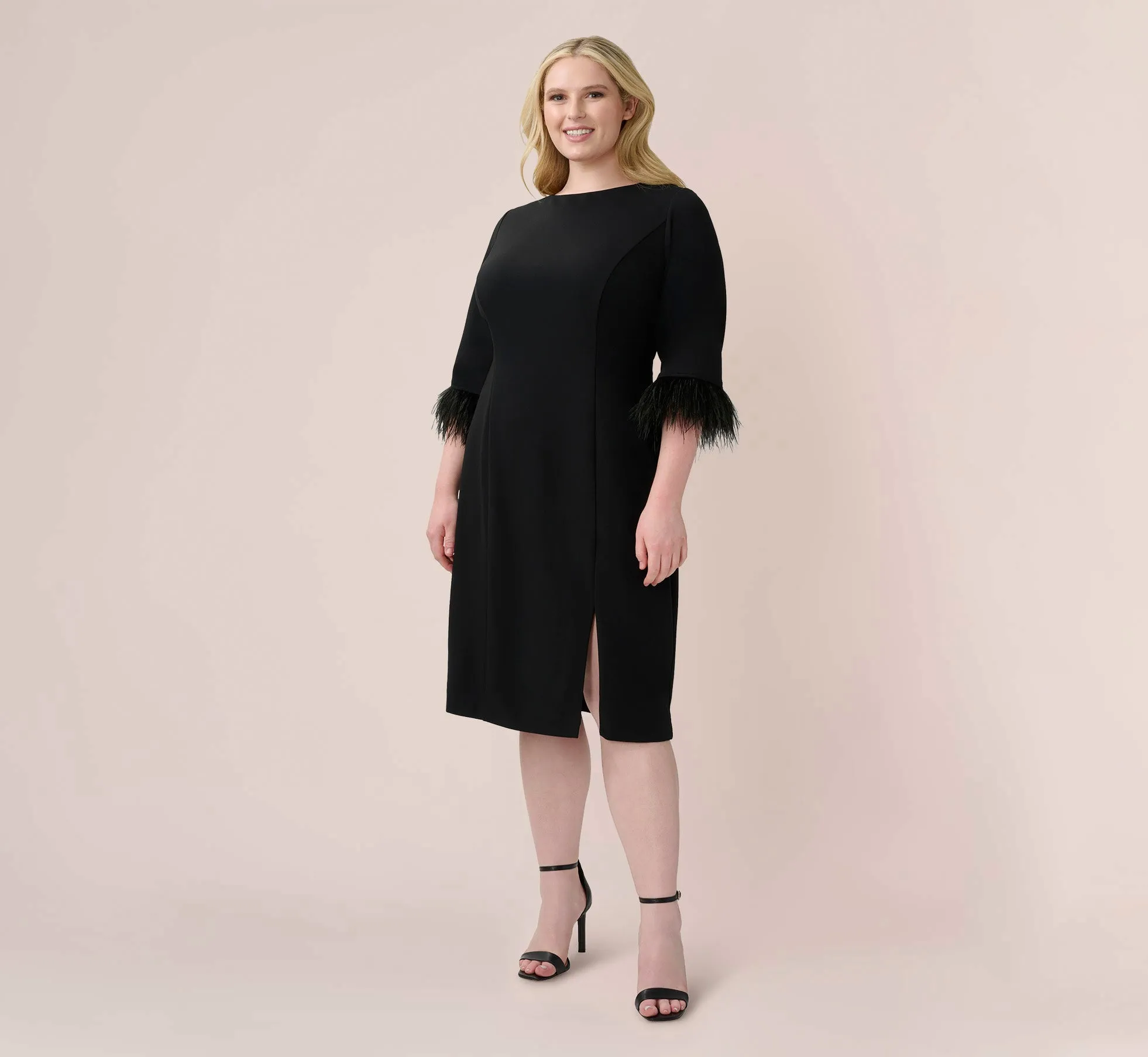 Plus Size Crepe Sheath Dress With V-Back And Feather-Trim Sleeves In Black sold by Adrianna Papell product image thumbnail 2