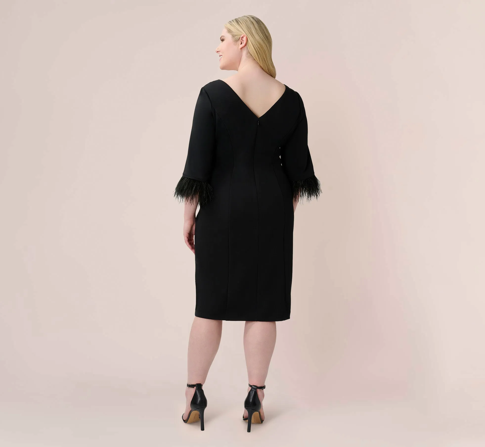 Plus Size Crepe Sheath Dress With V-Back And Feather-Trim Sleeves In Black sold by Adrianna Papell product image thumbnail 4