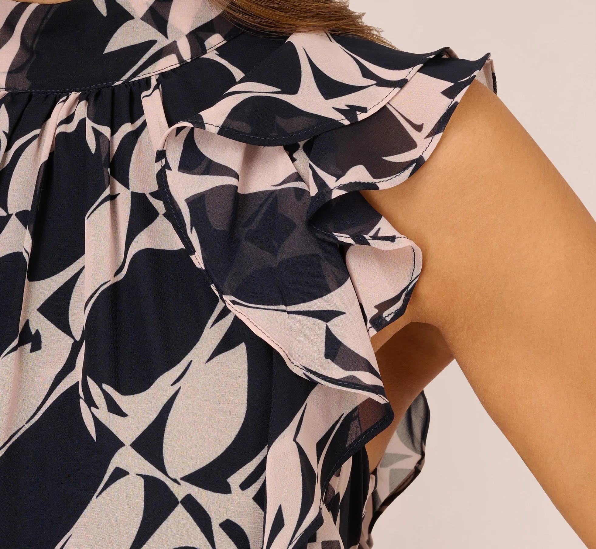 Sleeveless Printed Maxi Dress With Ruffle Trim In Navy Blush sold by Adrianna Papell product image thumbnail 4