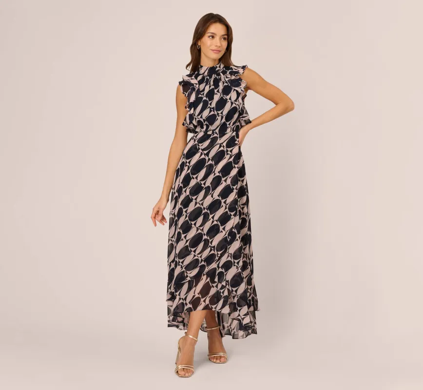 Sleeveless Printed Maxi Dress With Ruffle Trim In Navy Blush sold by Adrianna Papell