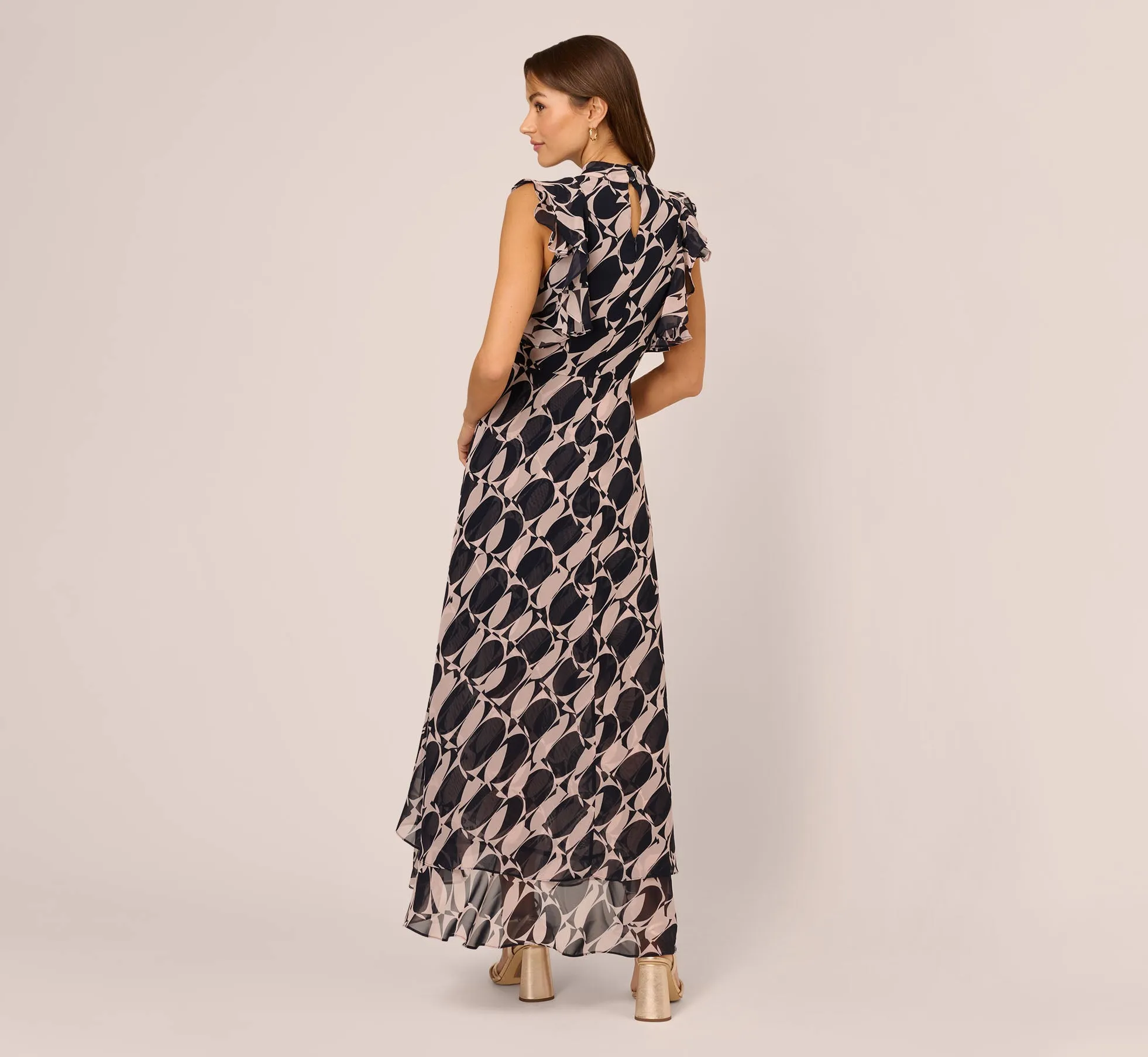 Sleeveless Printed Maxi Dress With Ruffle Trim In Navy Blush sold by Adrianna Papell product image thumbnail 5