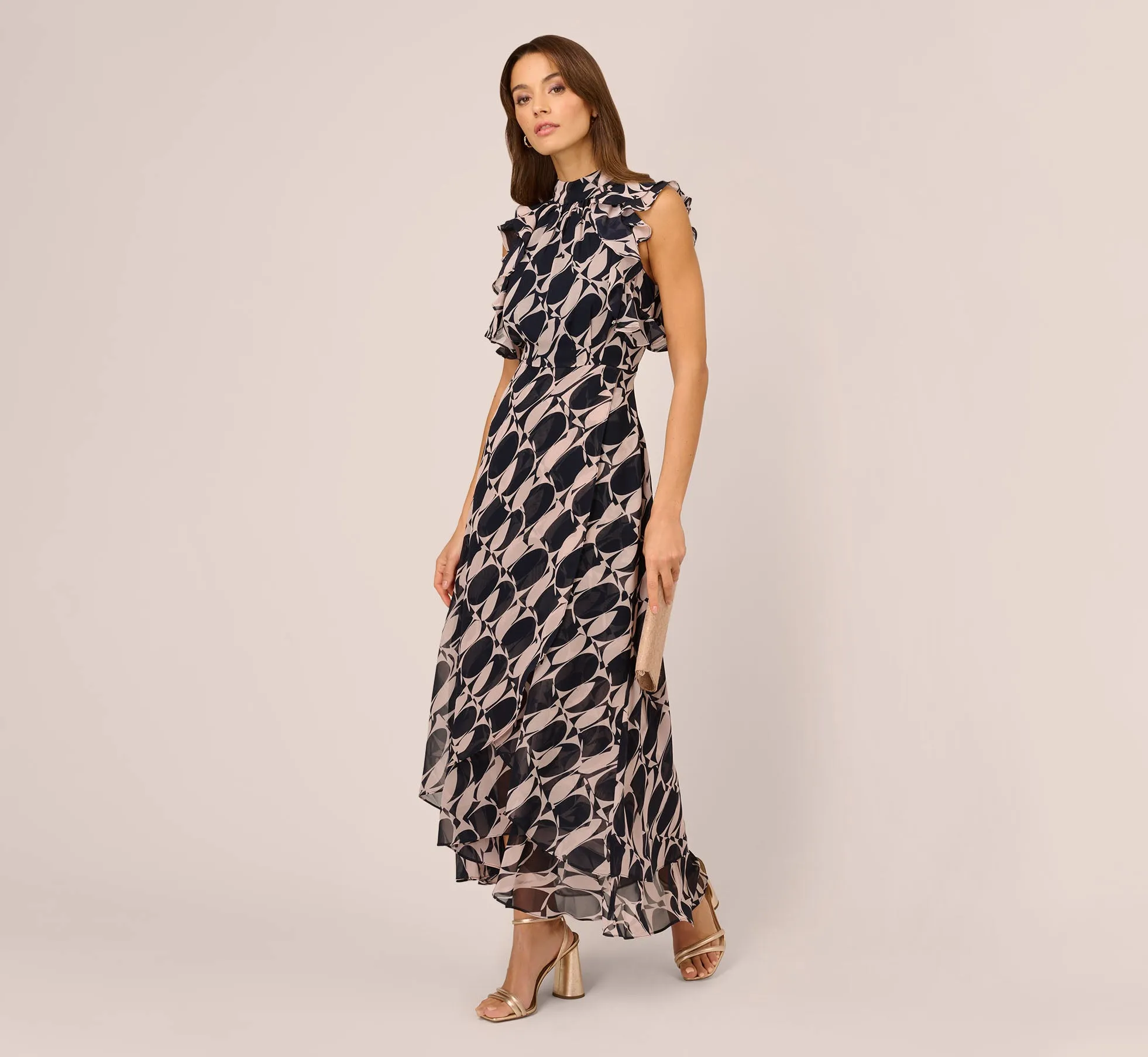 Sleeveless Printed Maxi Dress With Ruffle Trim In Navy Blush sold by Adrianna Papell product image thumbnail 2