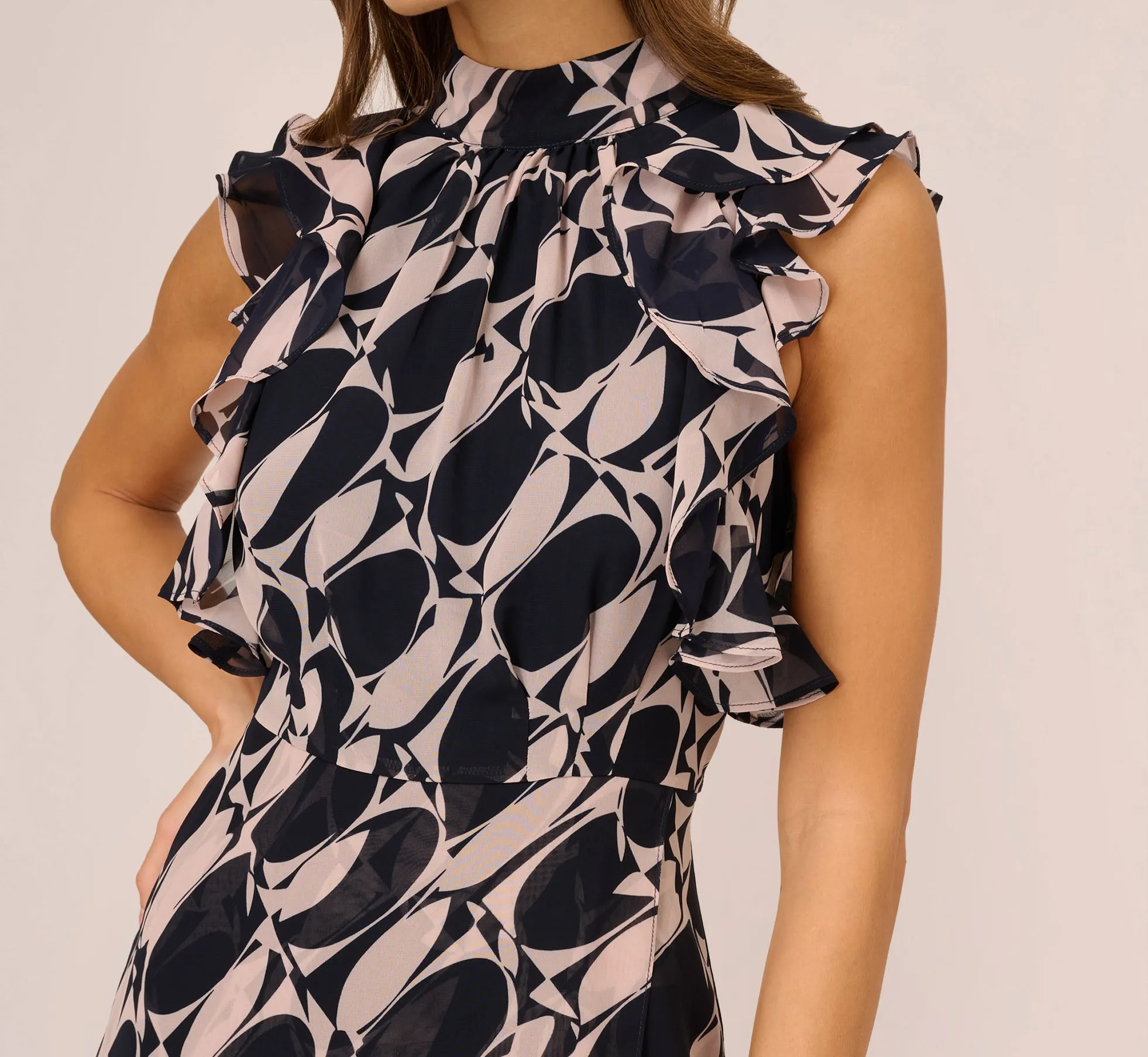 Sleeveless Printed Maxi Dress With Ruffle Trim In Navy Blush sold by Adrianna Papell product image thumbnail 3