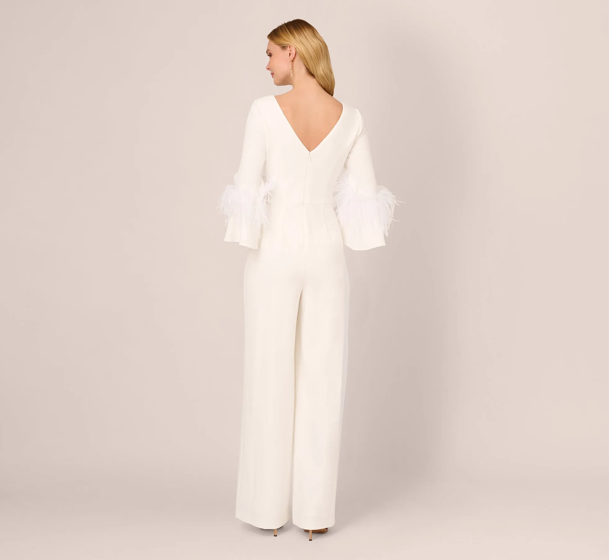 Stretch Crepe Jumpsuit With Feather Trim Bell Sleeves In Ivory sold by Adrianna Papell product image thumbnail 4