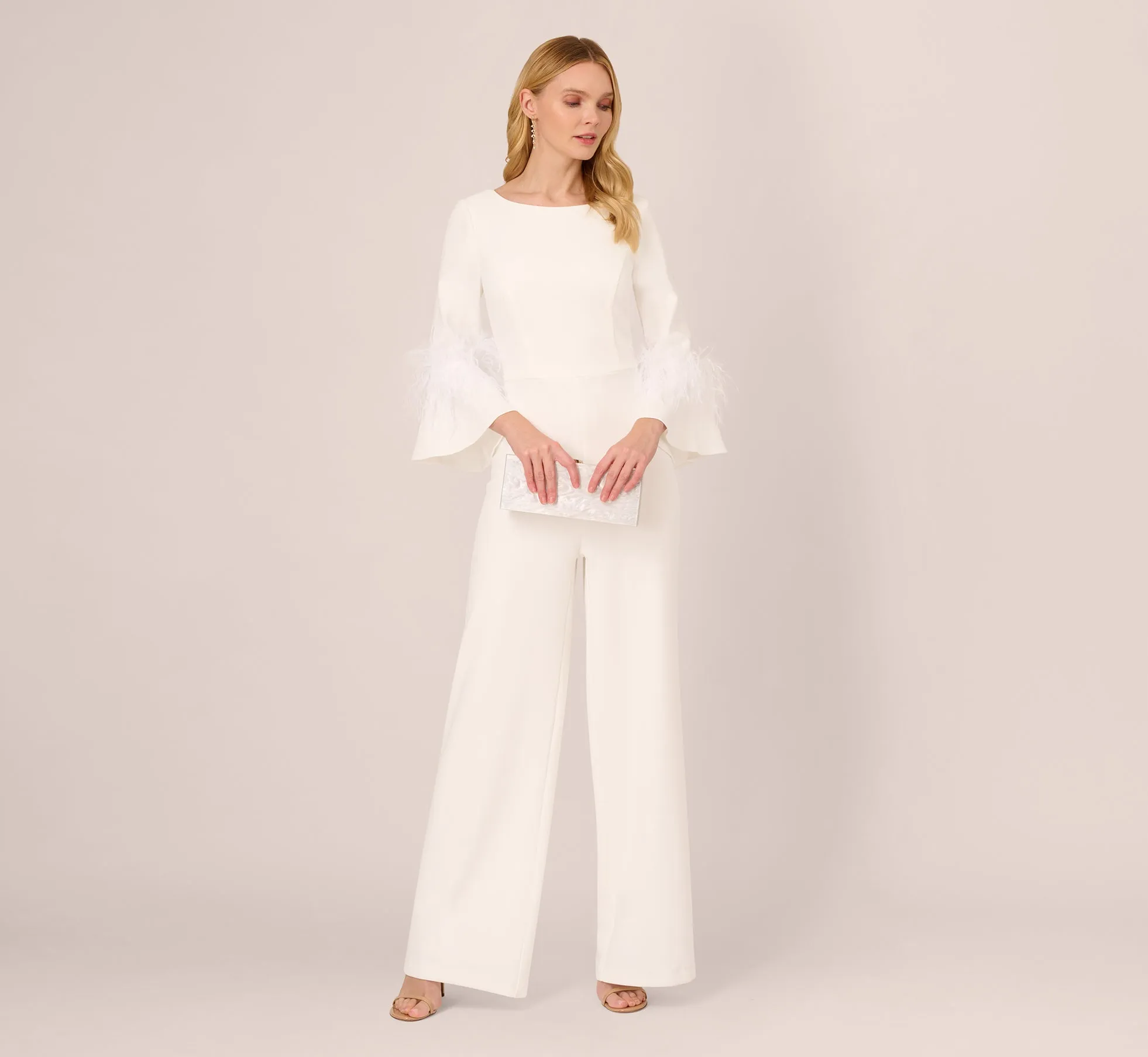 Stretch Crepe Jumpsuit With Feather Trim Bell Sleeves In Ivory sold by Adrianna Papell product image thumbnail 2
