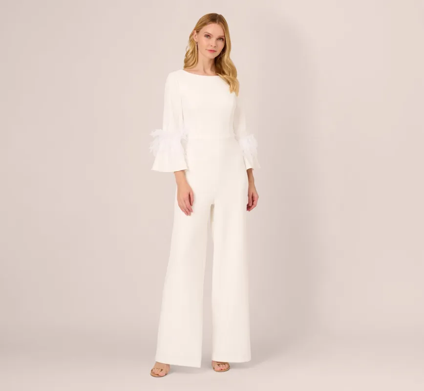 Stretch Crepe Jumpsuit With Feather Trim Bell Sleeves In Ivory sold by Adrianna Papell