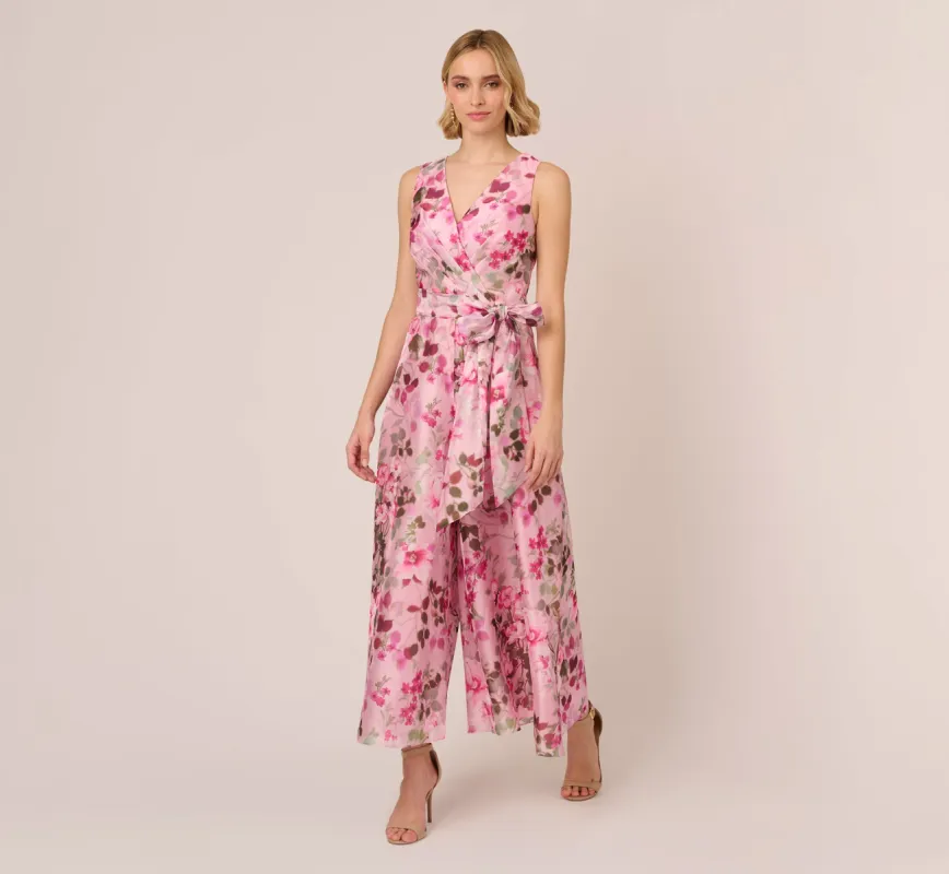 Floral Print Organza Sleeveless Jumpsuit With Self Tie Waist In Pink Multi sold by Adrianna Papell