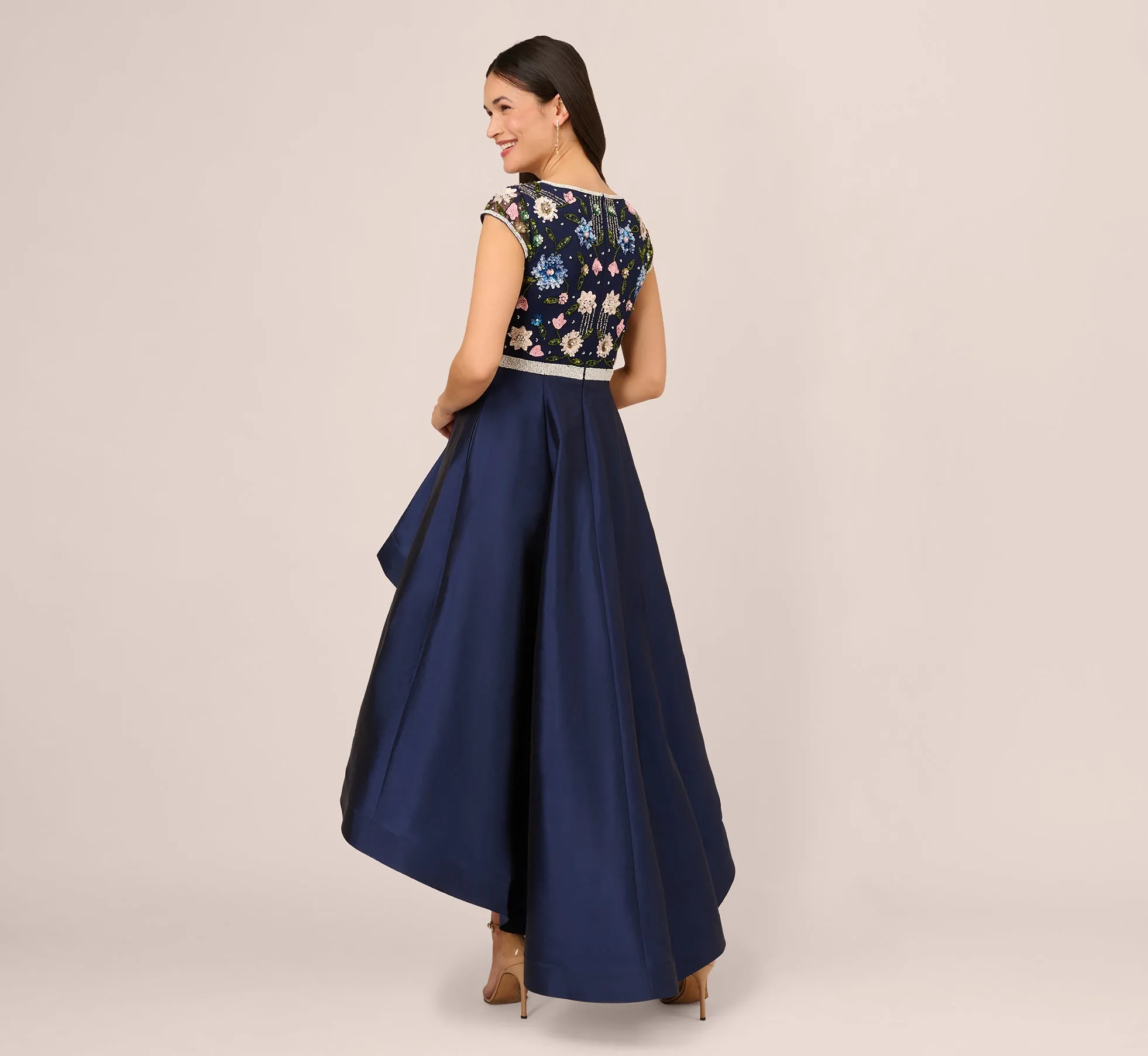 Cap Sleeve Beaded Gown With Taffeta High Low Skirt In Light Navy sold by Adrianna Papell product image thumbnail 5