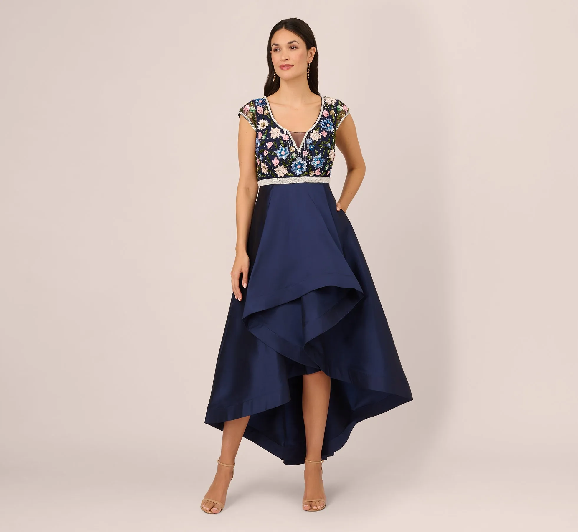 Cap Sleeve Beaded Gown With Taffeta High Low Skirt In Light Navy sold by Adrianna Papell product image thumbnail 2
