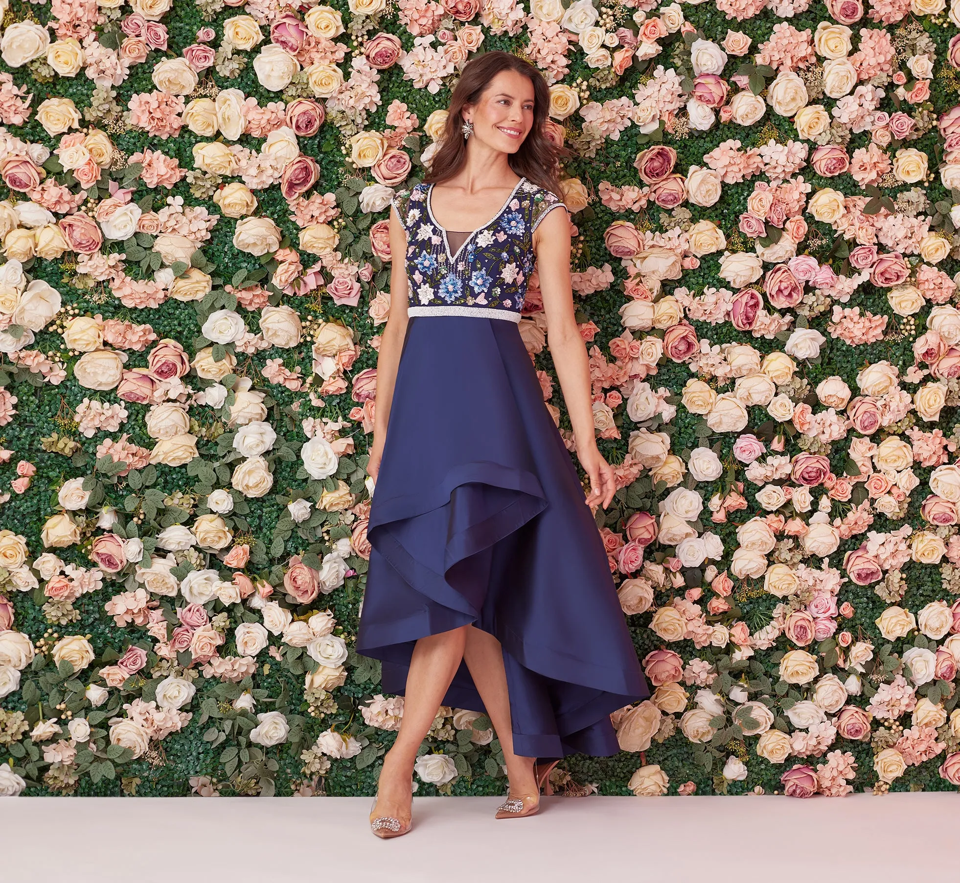 Cap Sleeve Beaded Gown With Taffeta High Low Skirt In Light Navy sold by Adrianna Papell