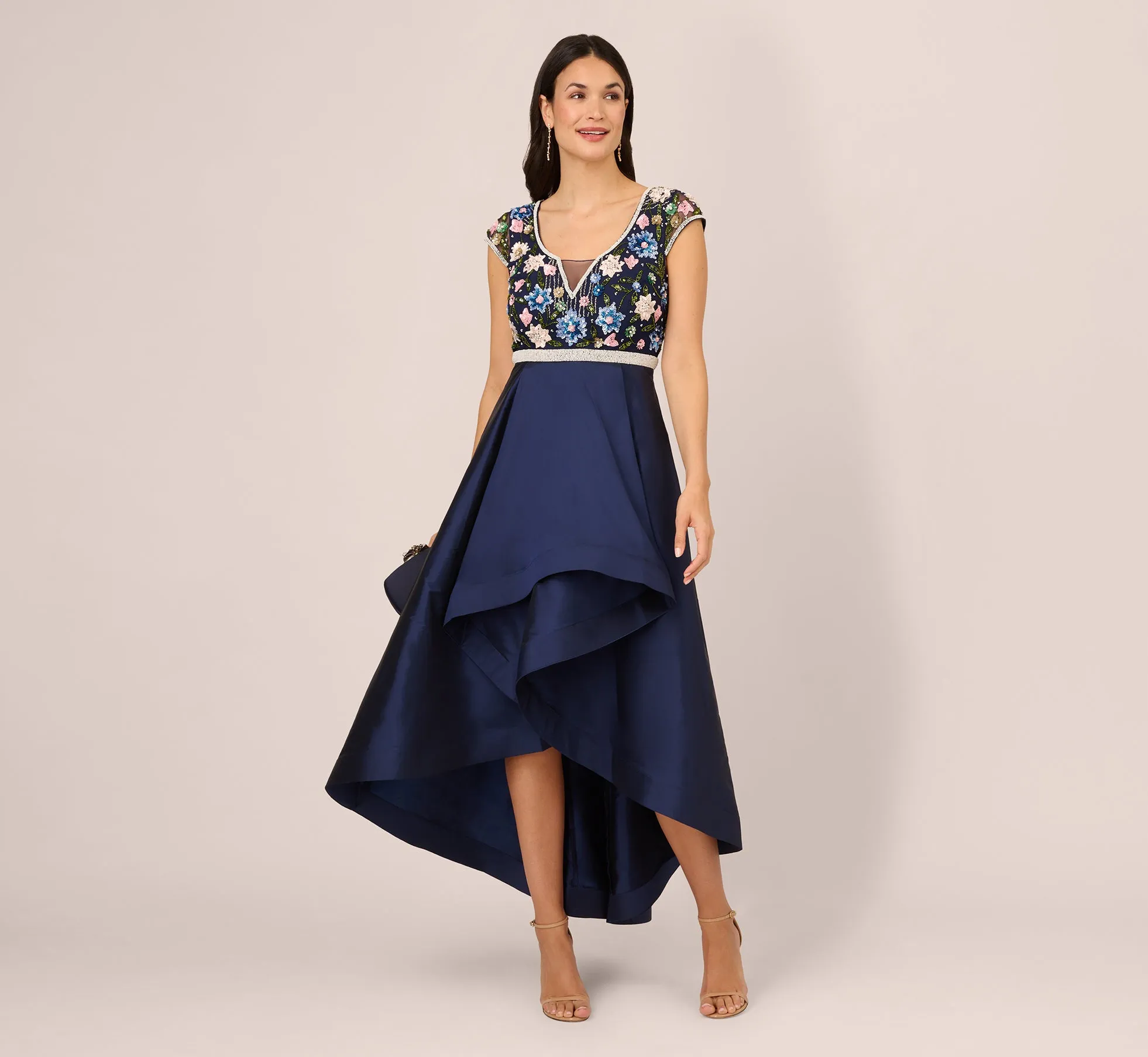 Cap Sleeve Beaded Gown With Taffeta High Low Skirt In Light Navy sold by Adrianna Papell product image thumbnail 3