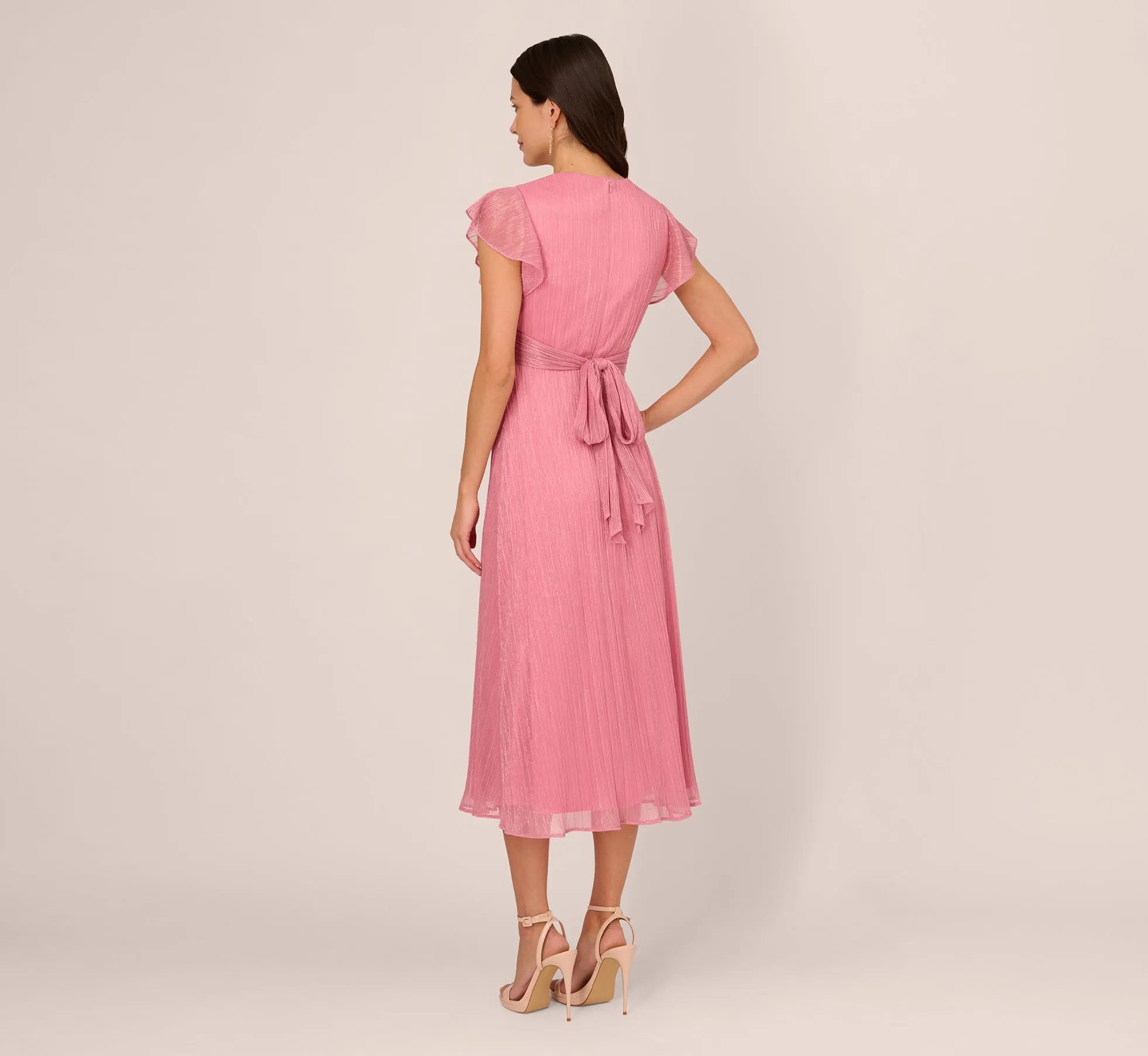 Crinkle Mesh Midi Dress With Flutter Sleeves In Faded Rose sold by Adrianna Papell product image thumbnail 4