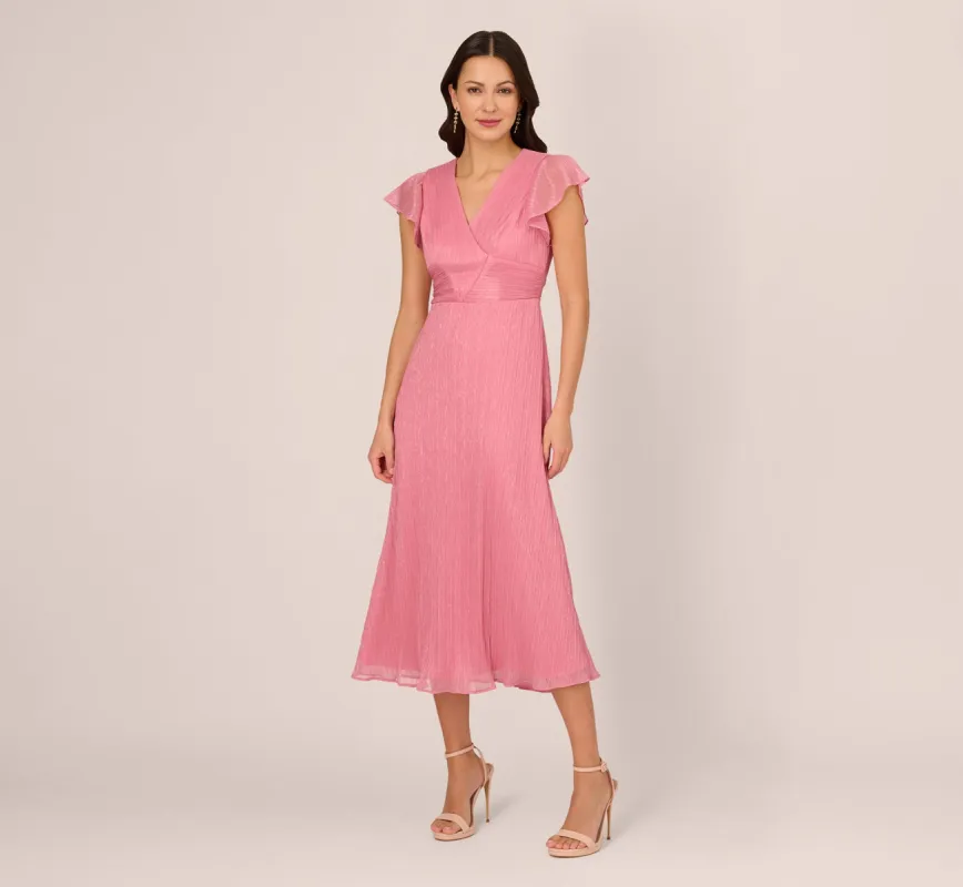 Crinkle Mesh Midi Dress With Flutter Sleeves In Faded Rose sold by Adrianna Papell