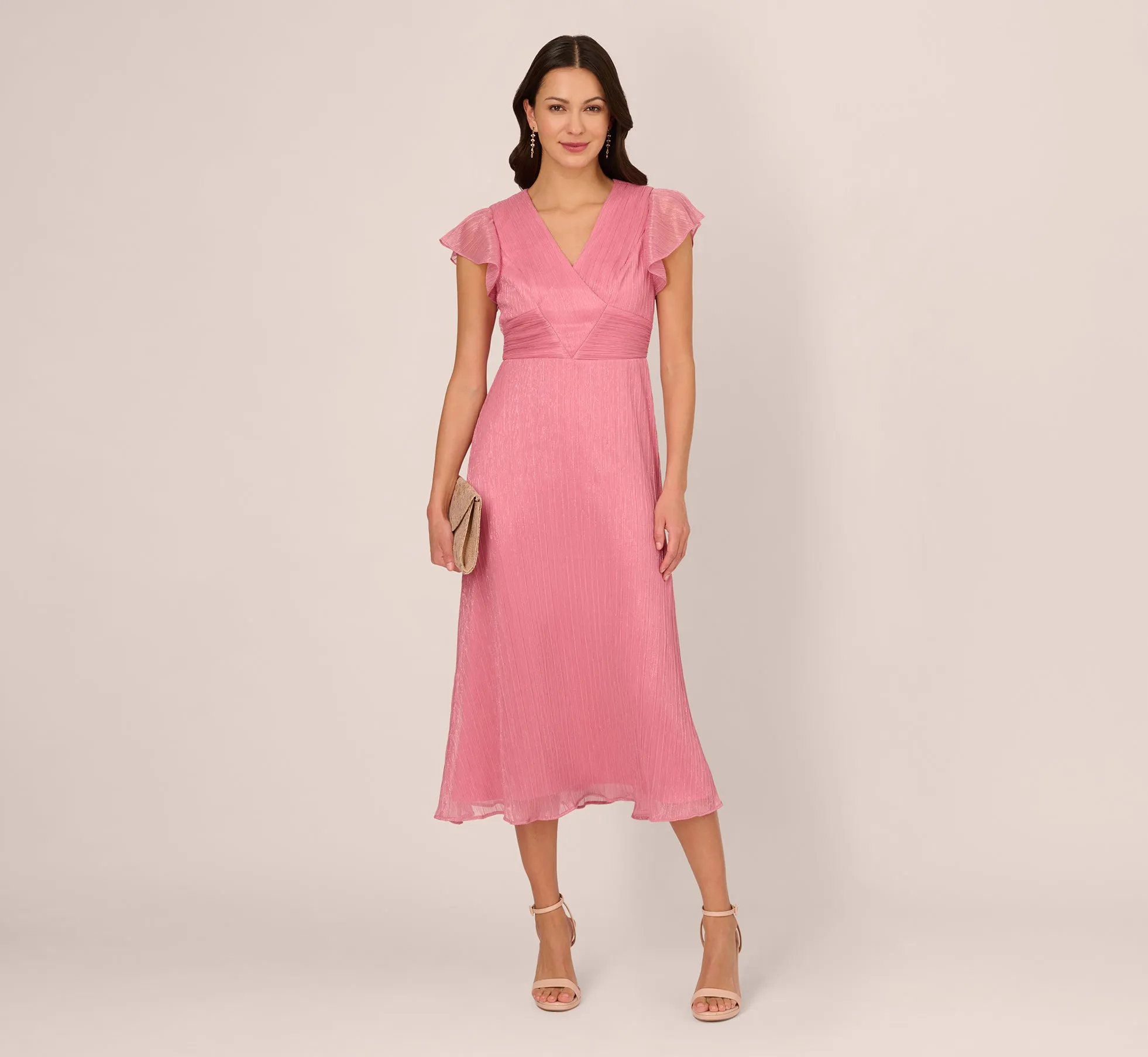 Crinkle Mesh Midi Dress With Flutter Sleeves In Faded Rose sold by Adrianna Papell product image thumbnail 2