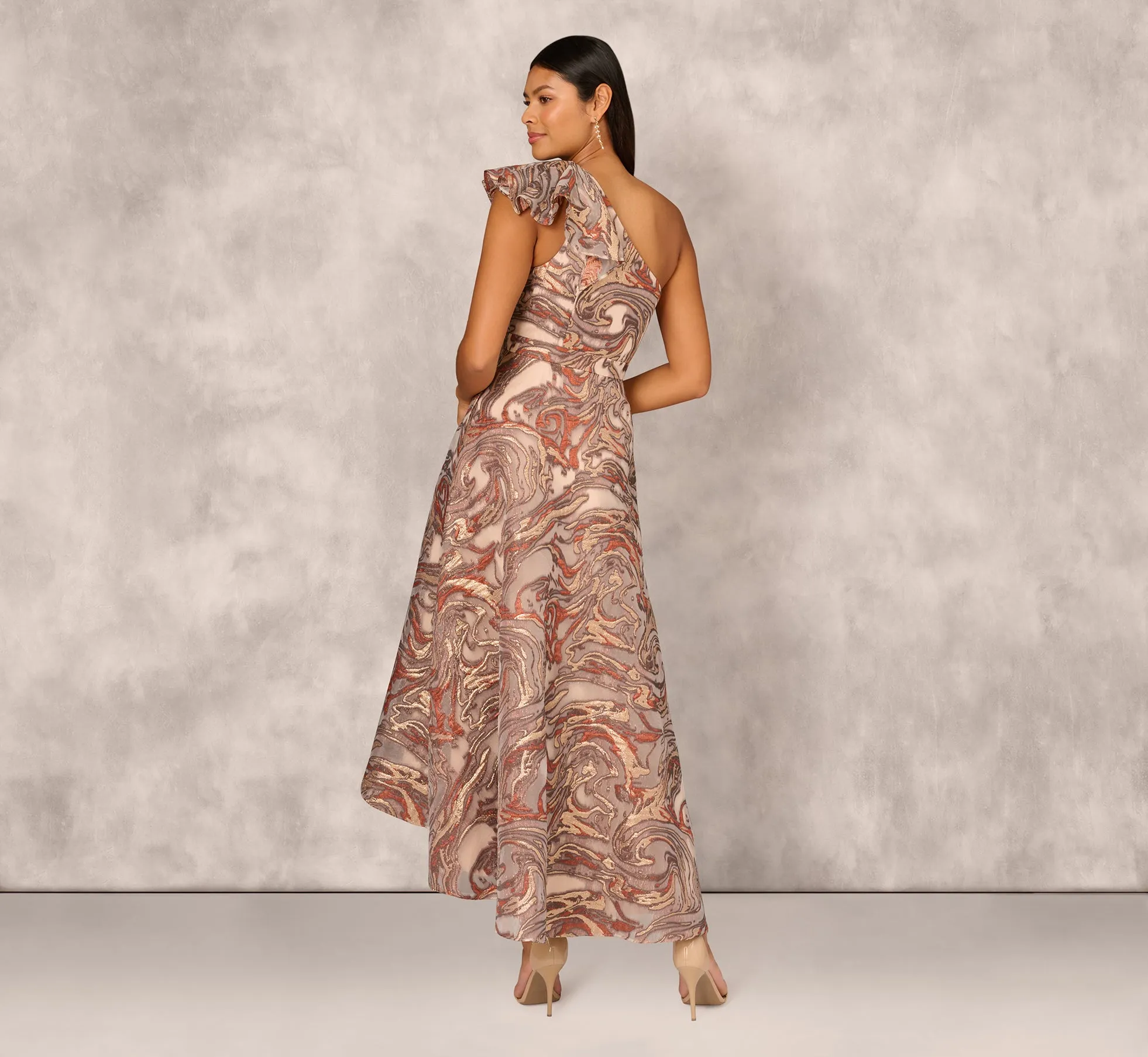 Clipped Jacquard High Low Gown With Ruffle One Shoulder Neck In Rust Multi sold by Adrianna Papell product image thumbnail 4