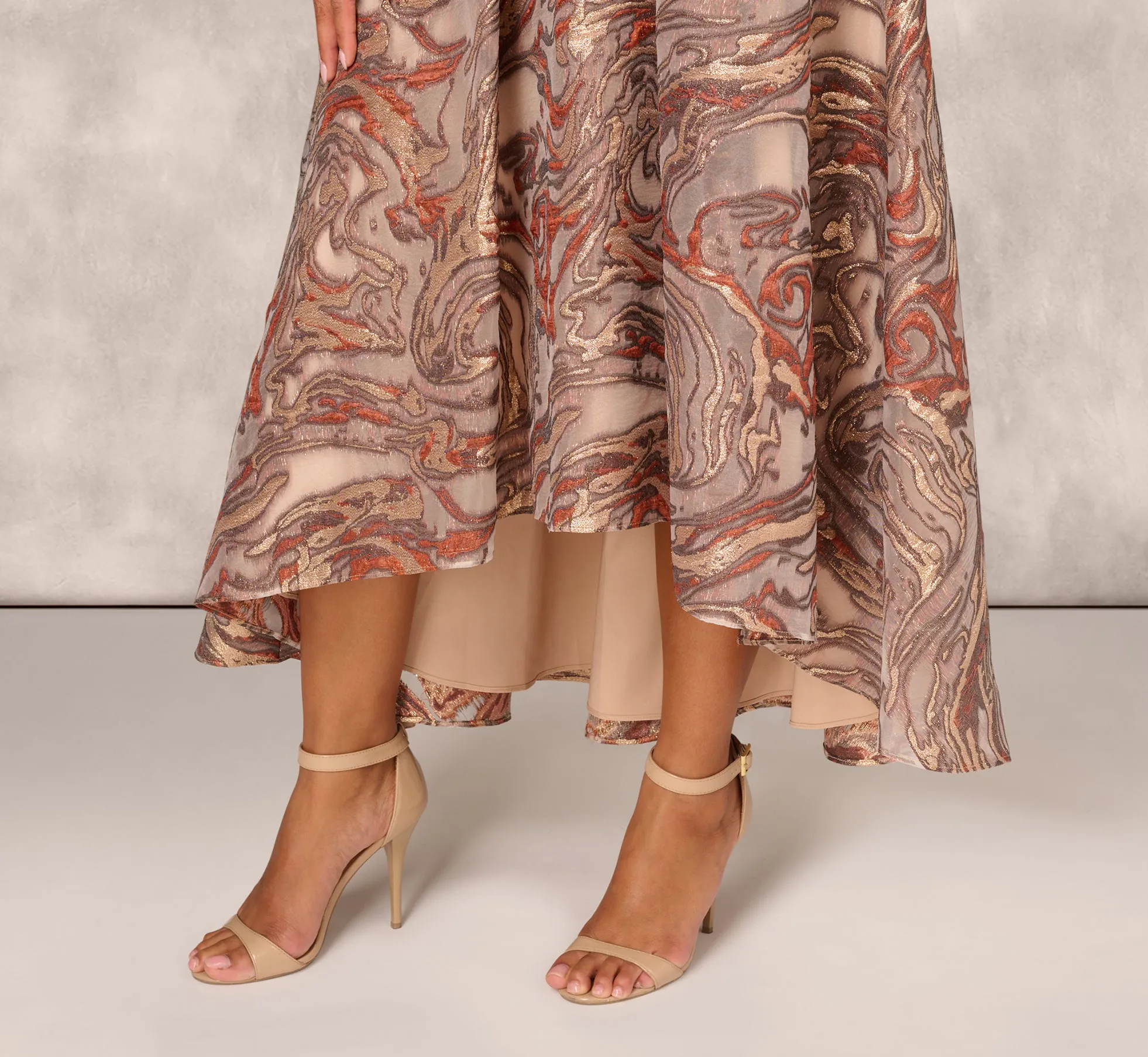 Clipped Jacquard High Low Gown With Ruffle One Shoulder Neck In Rust Multi sold by Adrianna Papell product image thumbnail 5