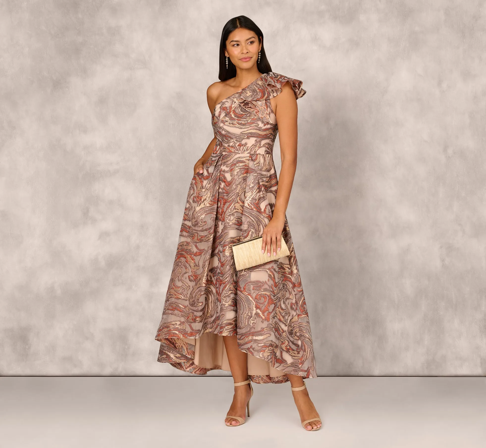 Clipped Jacquard High Low Gown With Ruffle One Shoulder Neck In Rust Multi sold by Adrianna Papell product image thumbnail 2