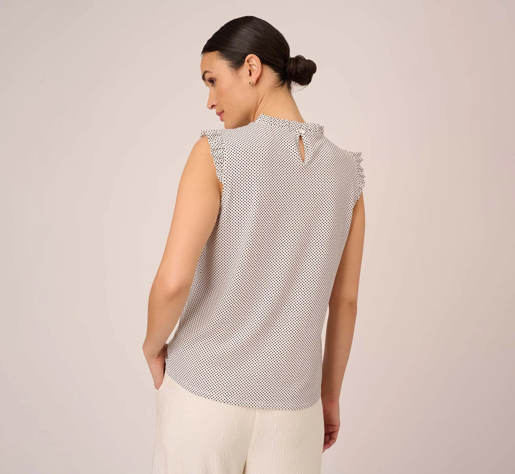 Dot Print Sleeveless Top With Ruffled Details In Ivory Black Small Dot sold by Adrianna Papell product image thumbnail 4