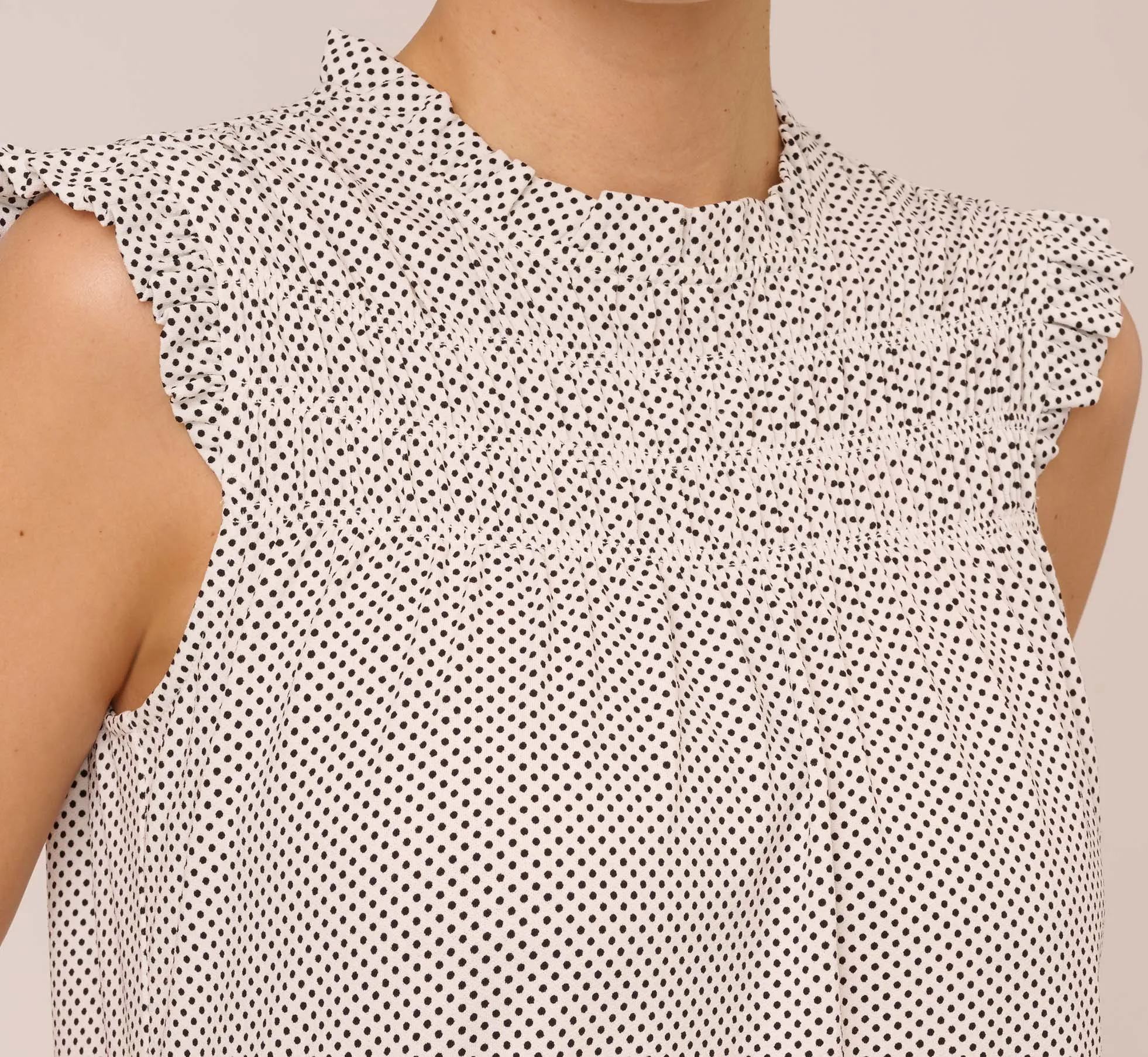 Dot Print Sleeveless Top With Ruffled Details In Ivory Black Small Dot sold by Adrianna Papell product image thumbnail 5